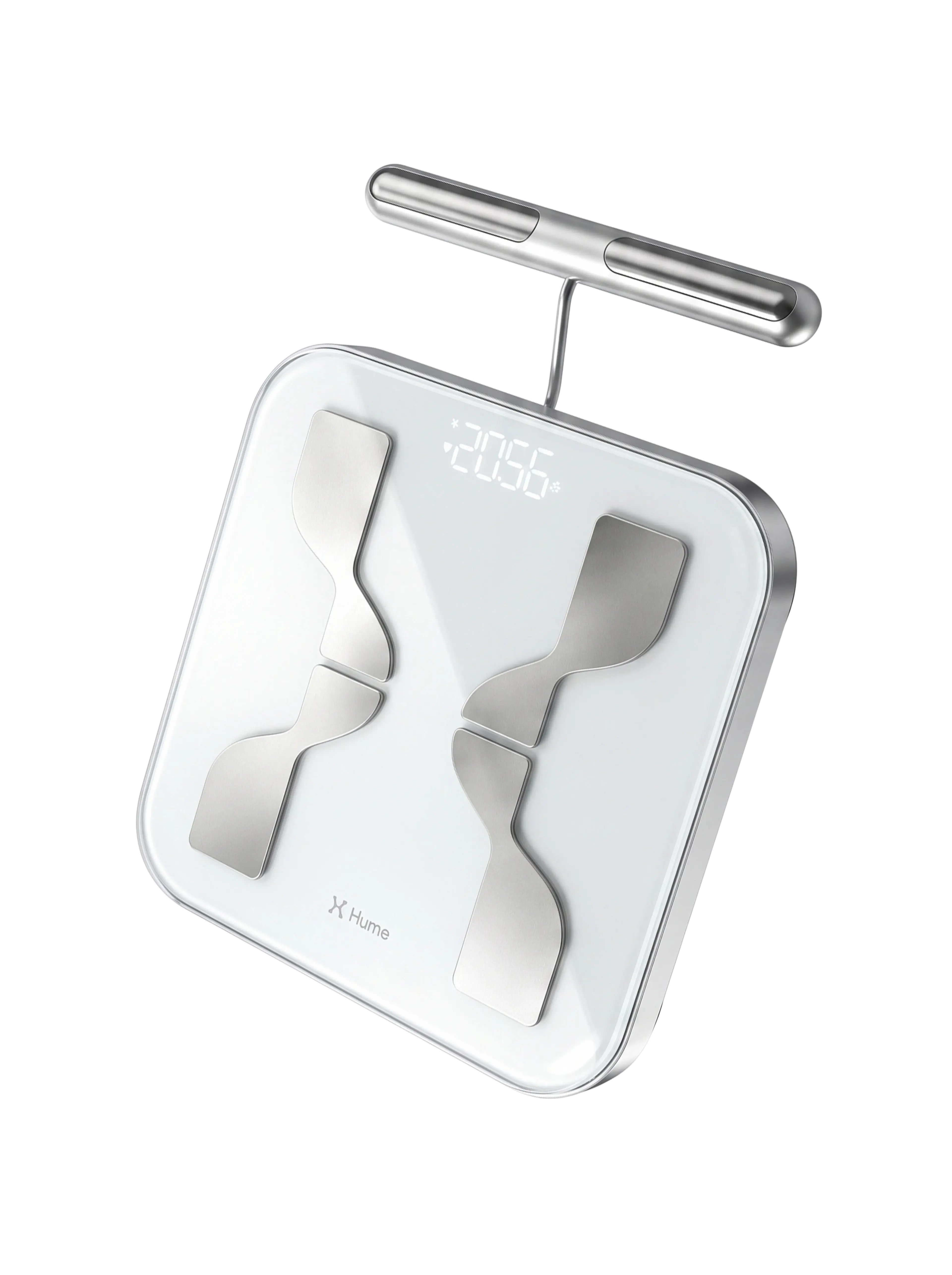 White smart scale with a digital display, metallic electrodes, and a handle for body composition analysis.