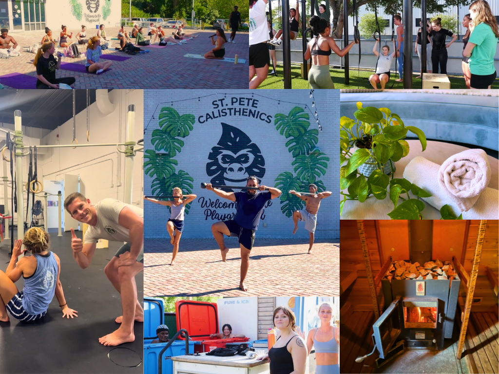 A collage showcasing various fitness activities including outdoor calisthenics, indoor gym workouts, yoga, and wellness recovery options like ice baths, saunas, and relaxation, with a "ST. PETE CALISTHENICS" mural.