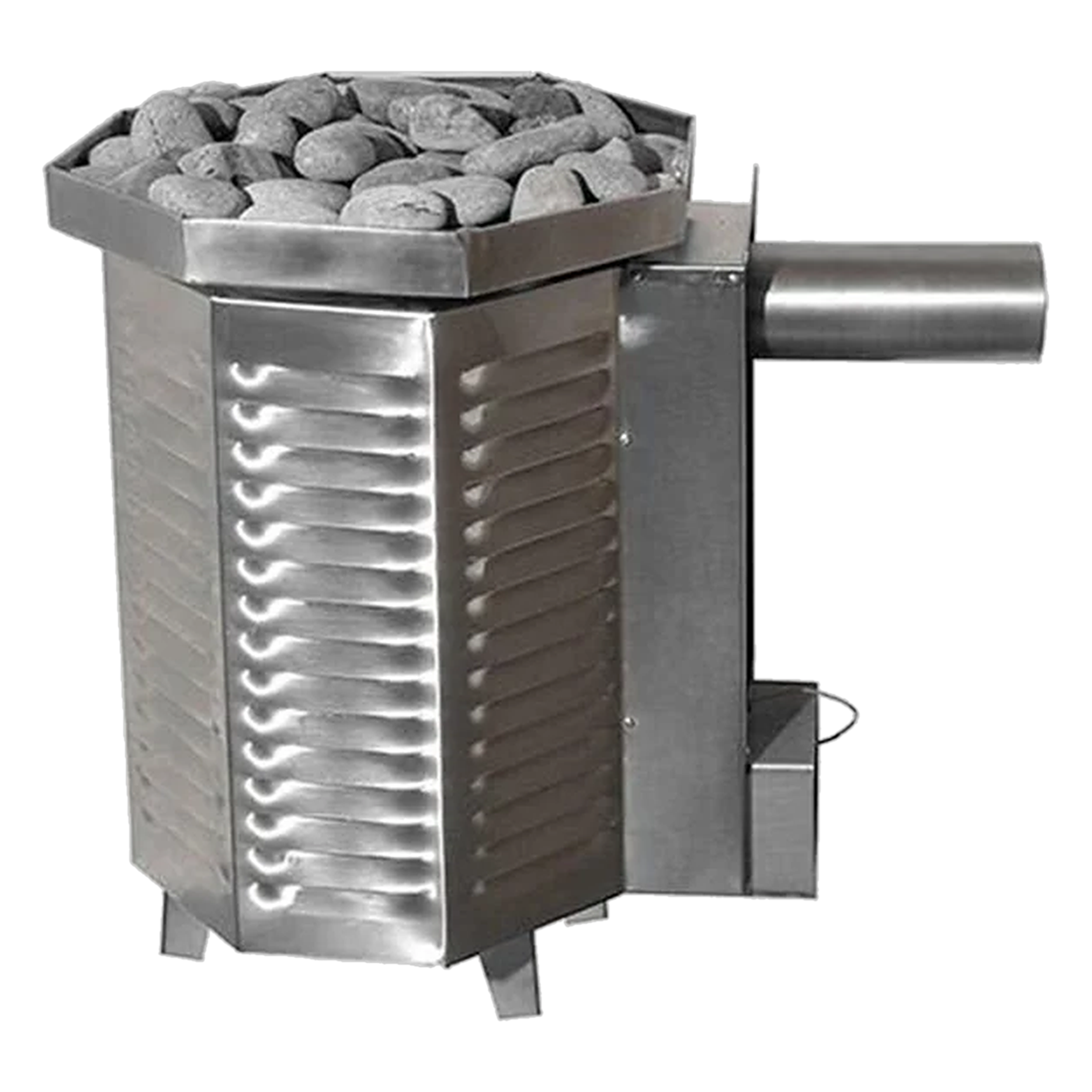 Hexagonal stainless steel sauna heater with rocks on top and an exhaust pipe.