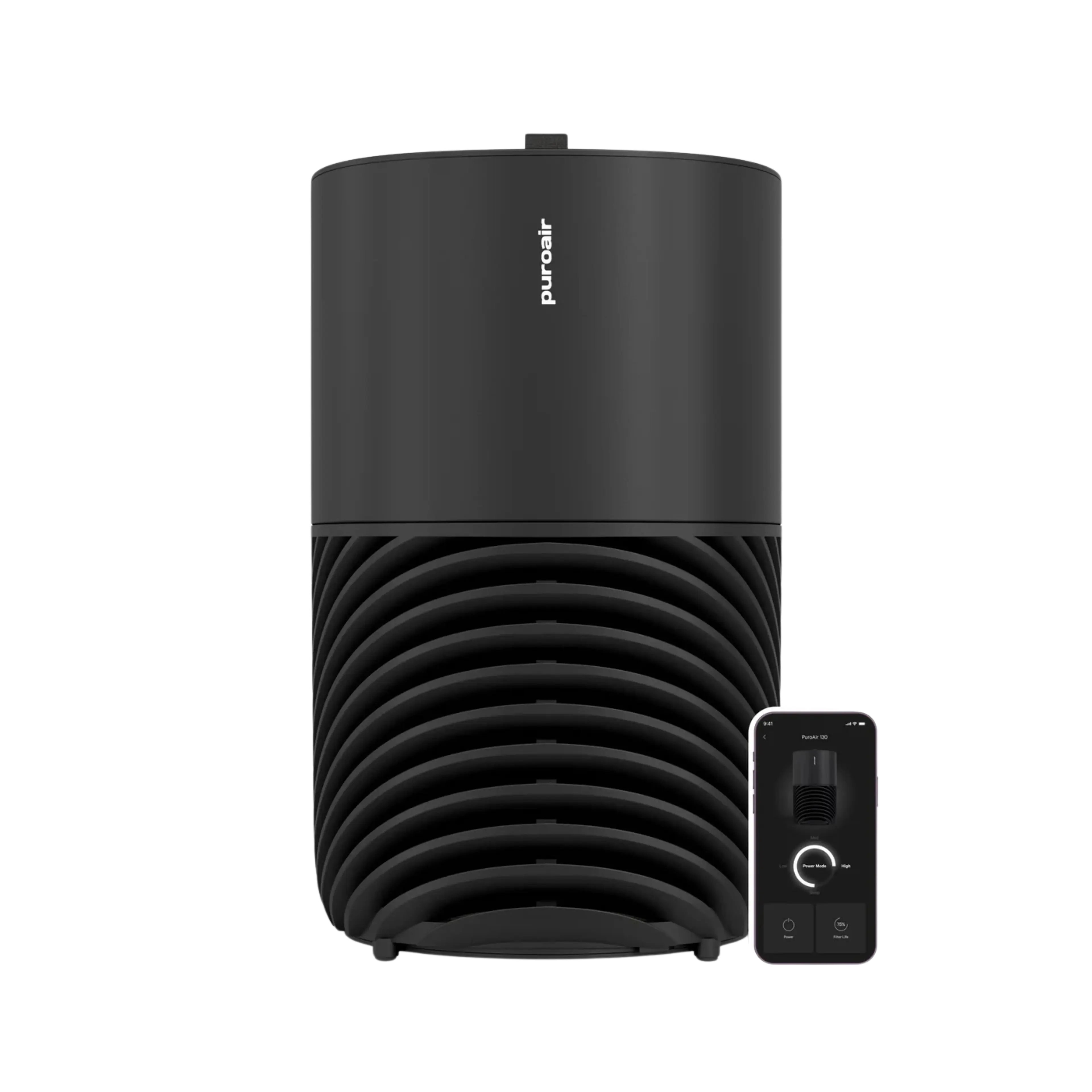 A black Puroair air purifier with a smartphone displaying its control app.