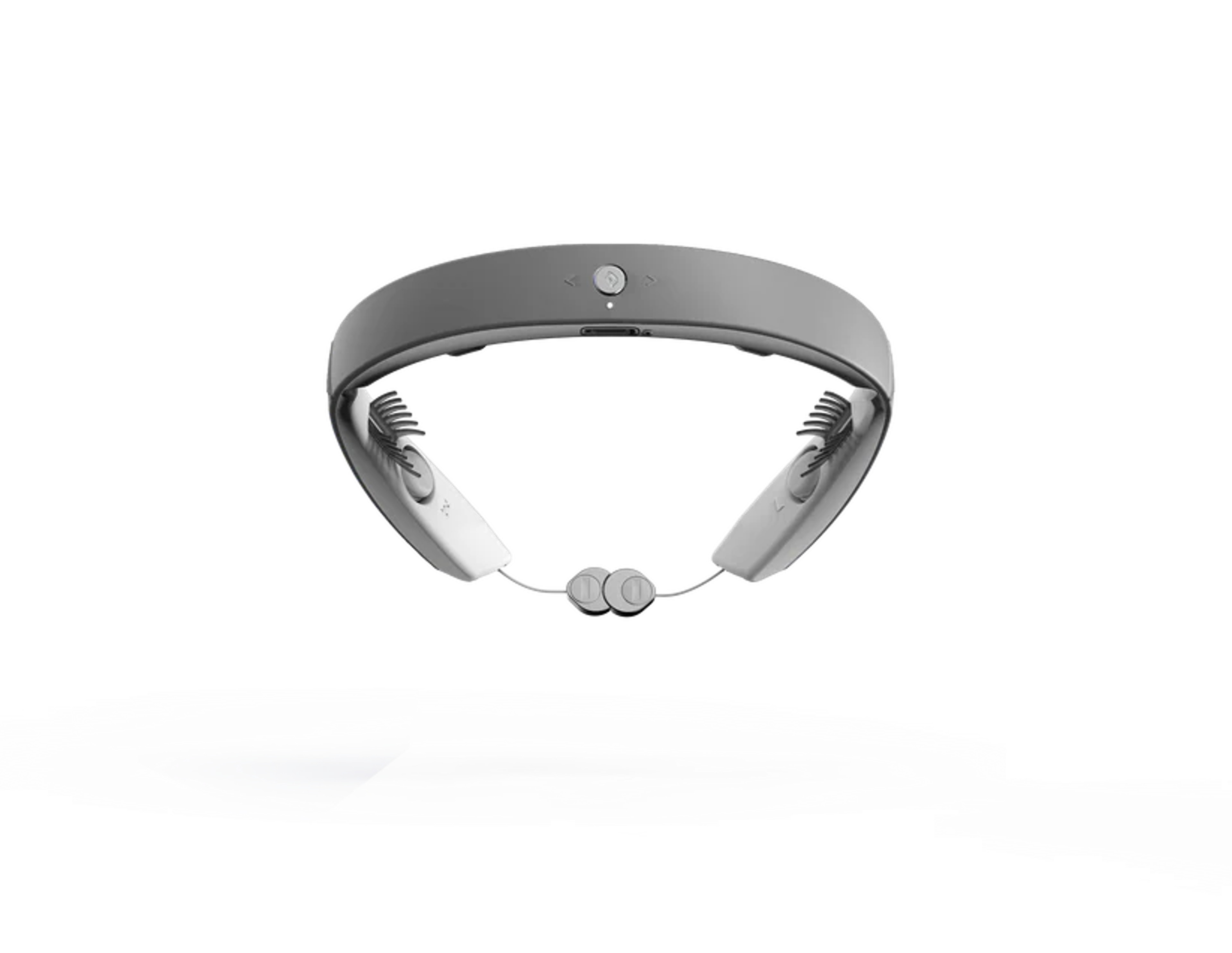 A grey and white wearable device with comb-like sensors and dangling circular electrodes.