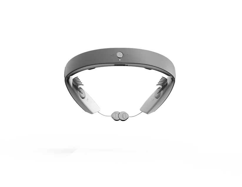 A grey and white wearable device with comb-like sensors and dangling circular electrodes.