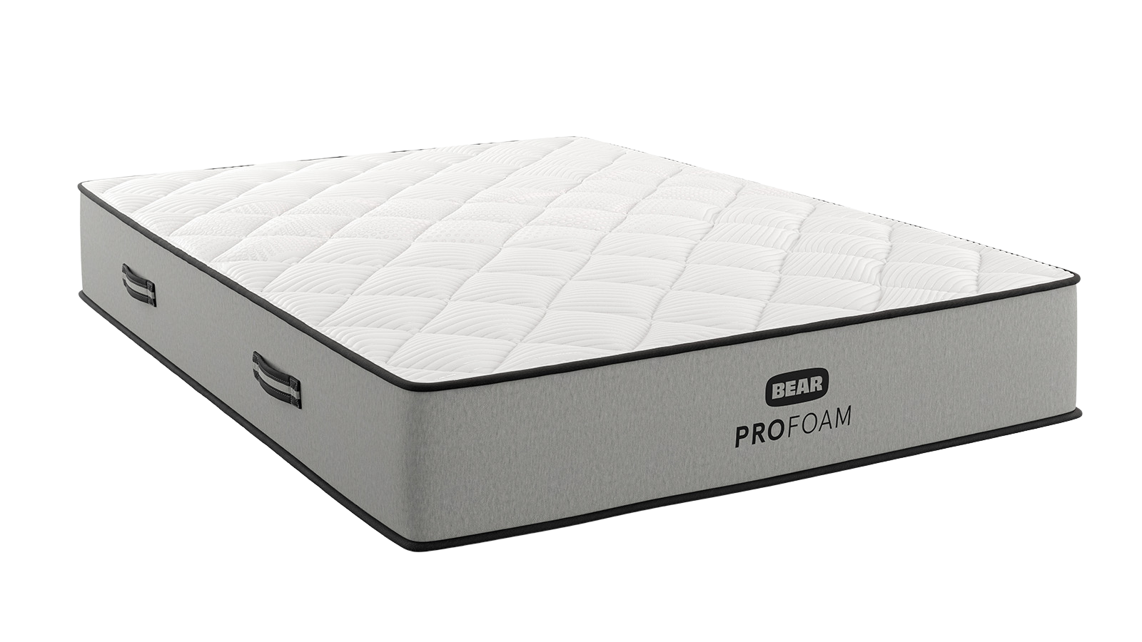 White quilted mattress with grey sides, black trim, handles, and a "BEAR PROFOAM" logo.