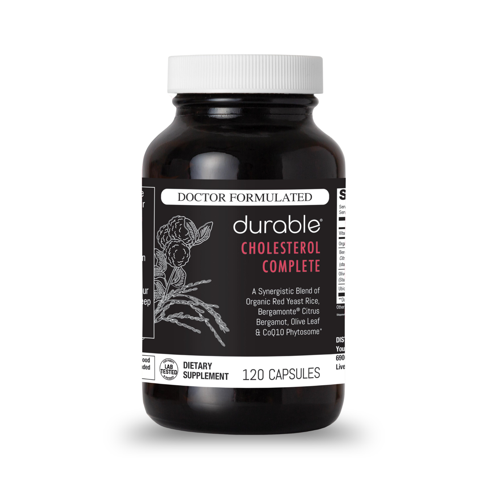 Dark brown bottle of Durable Cholesterol Complete dietary supplement with a white cap, containing 120 capsules.