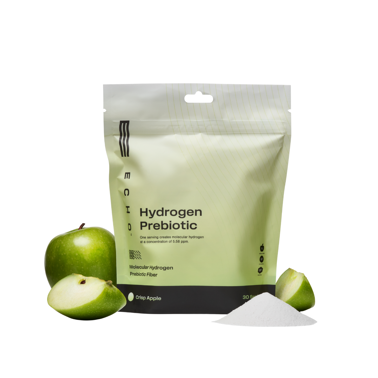 Light green pouch of Hydrogen Prebiotic (Crisp Apple flavor) with whole and sliced green apples, and a pile of white powder.