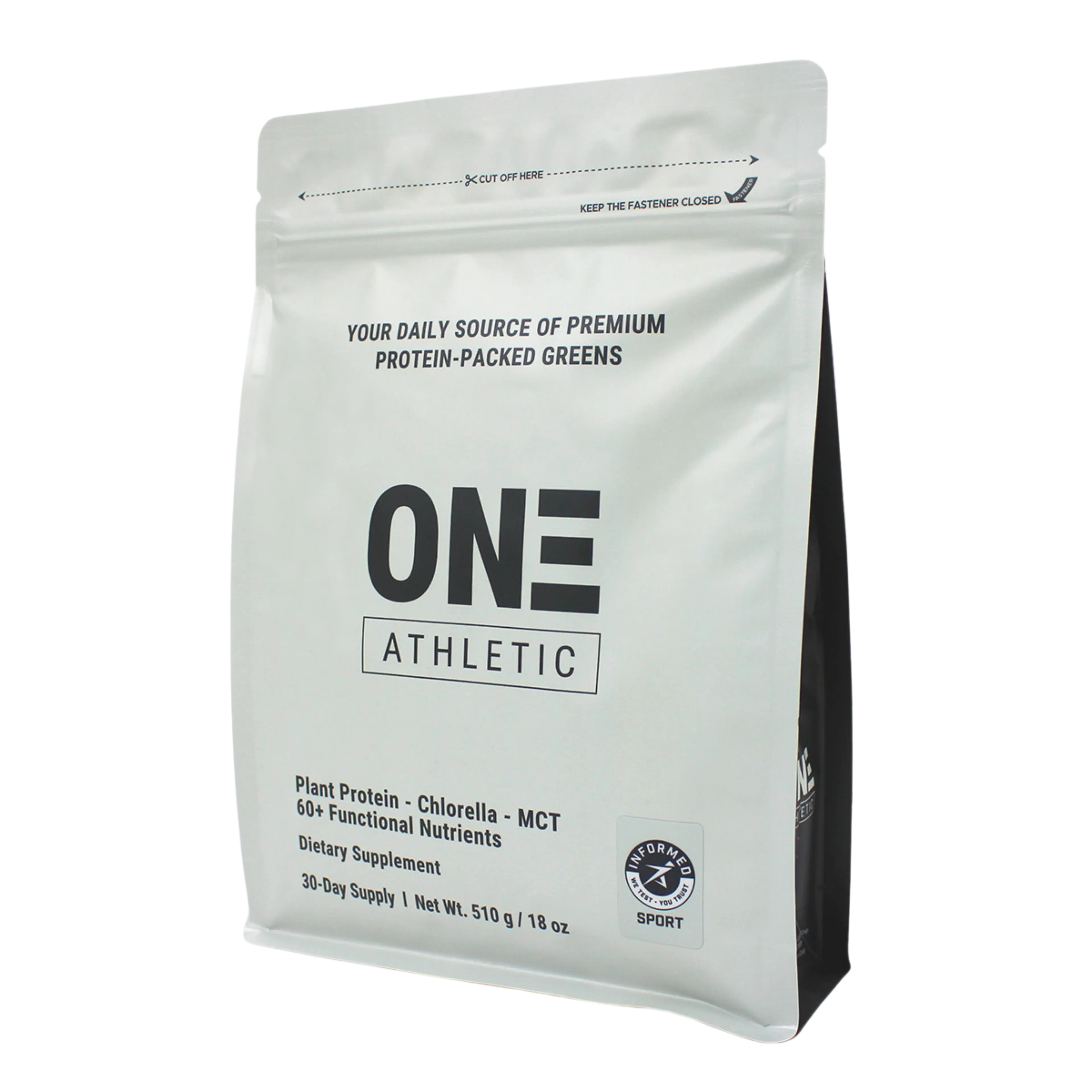 A white ONE ATHLETIC Protein-Packed Greens dietary supplement pouch, showing Plant Protein - Chlorella - MCT and 510g / 18 oz.