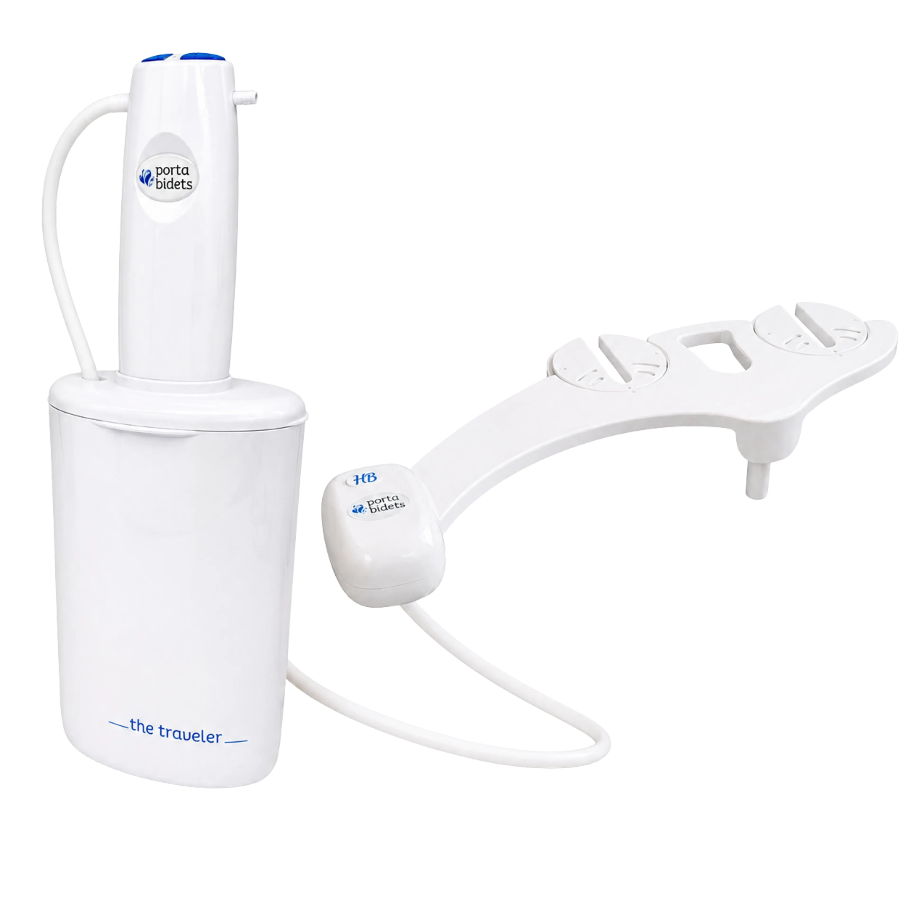 Two white Porta Bidets: a portable bidet pump bottle and a toilet seat bidet attachment.
