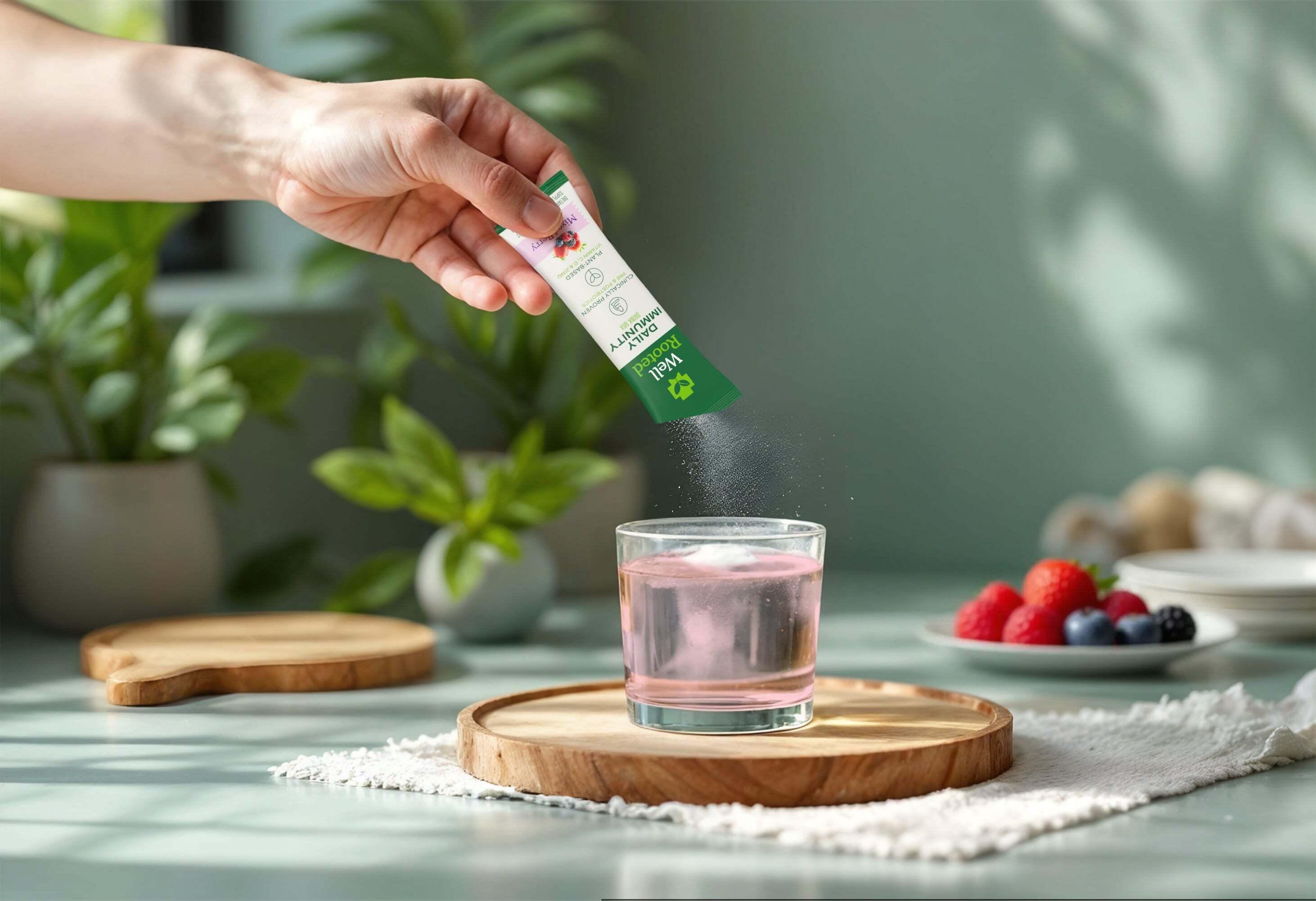 A hand pours powder from a "Well Rooted Daily Immunity" sachet into a glass of pink liquid, with fresh berries and plants in the background.