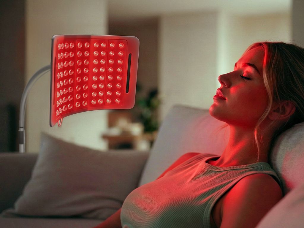 A woman relaxes on a couch, her face illuminated by a red light therapy LED panel.