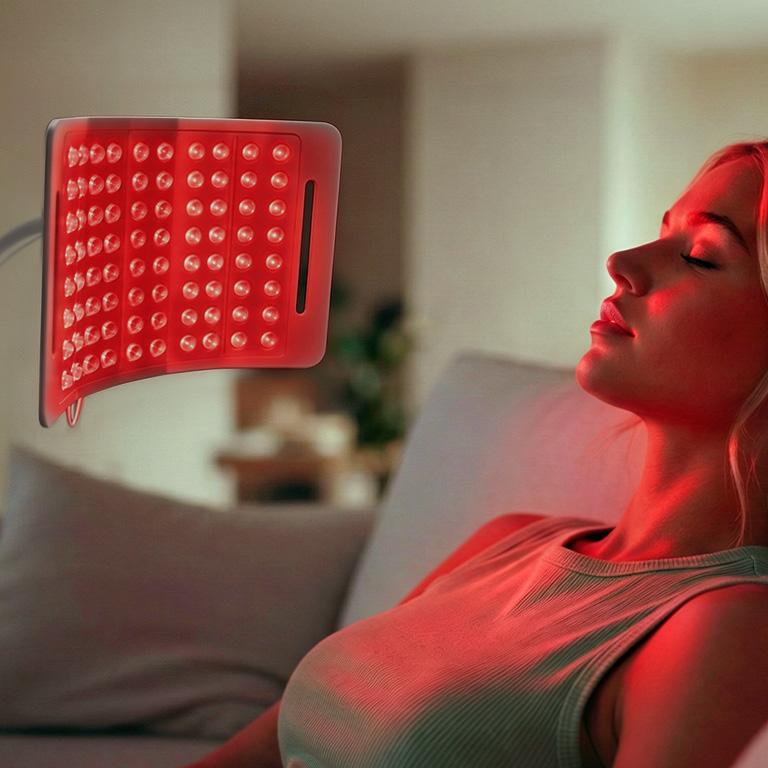 A woman relaxes on a couch, her face illuminated by a red light therapy LED panel.