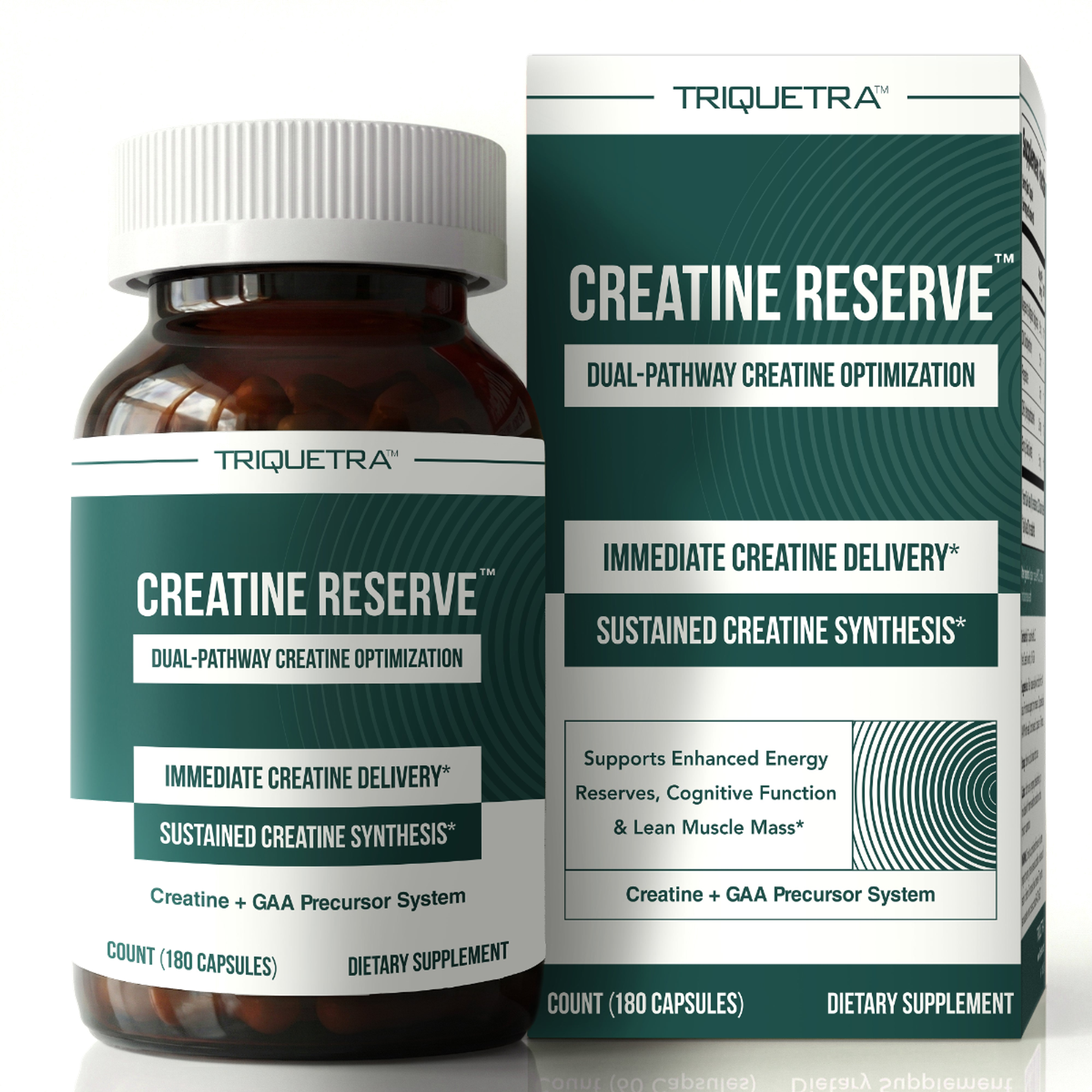 Triquetra Creatine Reserve 180-capsule supplement bottle and box.