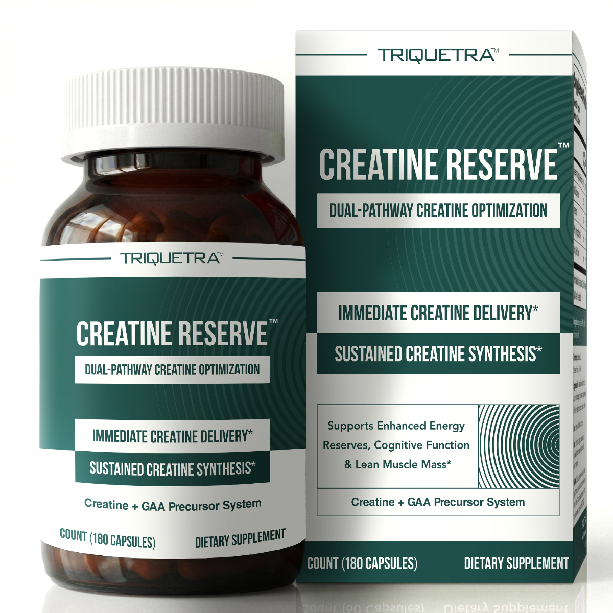 Triquetra Creatine Reserve 180-capsule supplement bottle and box.