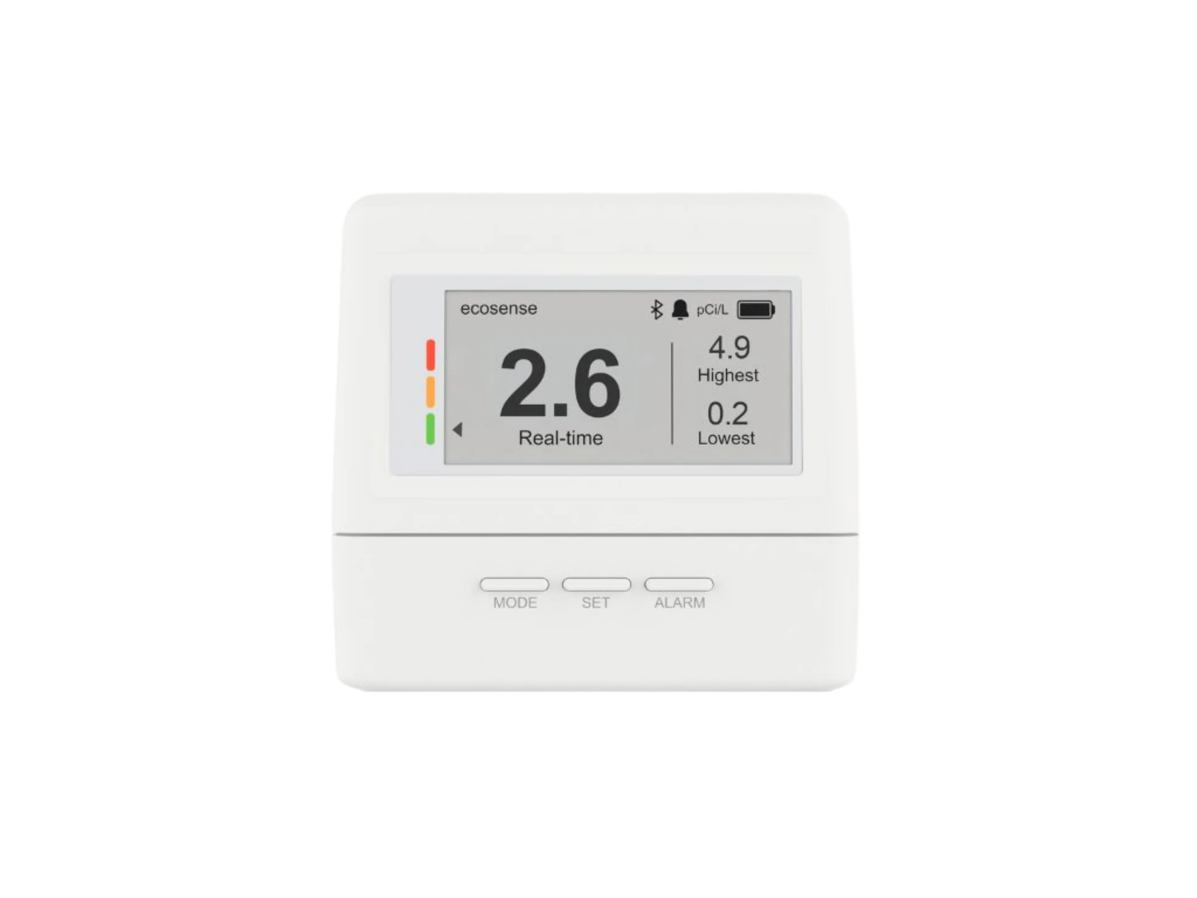 White Ecosense radon detector displaying a real-time reading of 2.6 pCi/L.