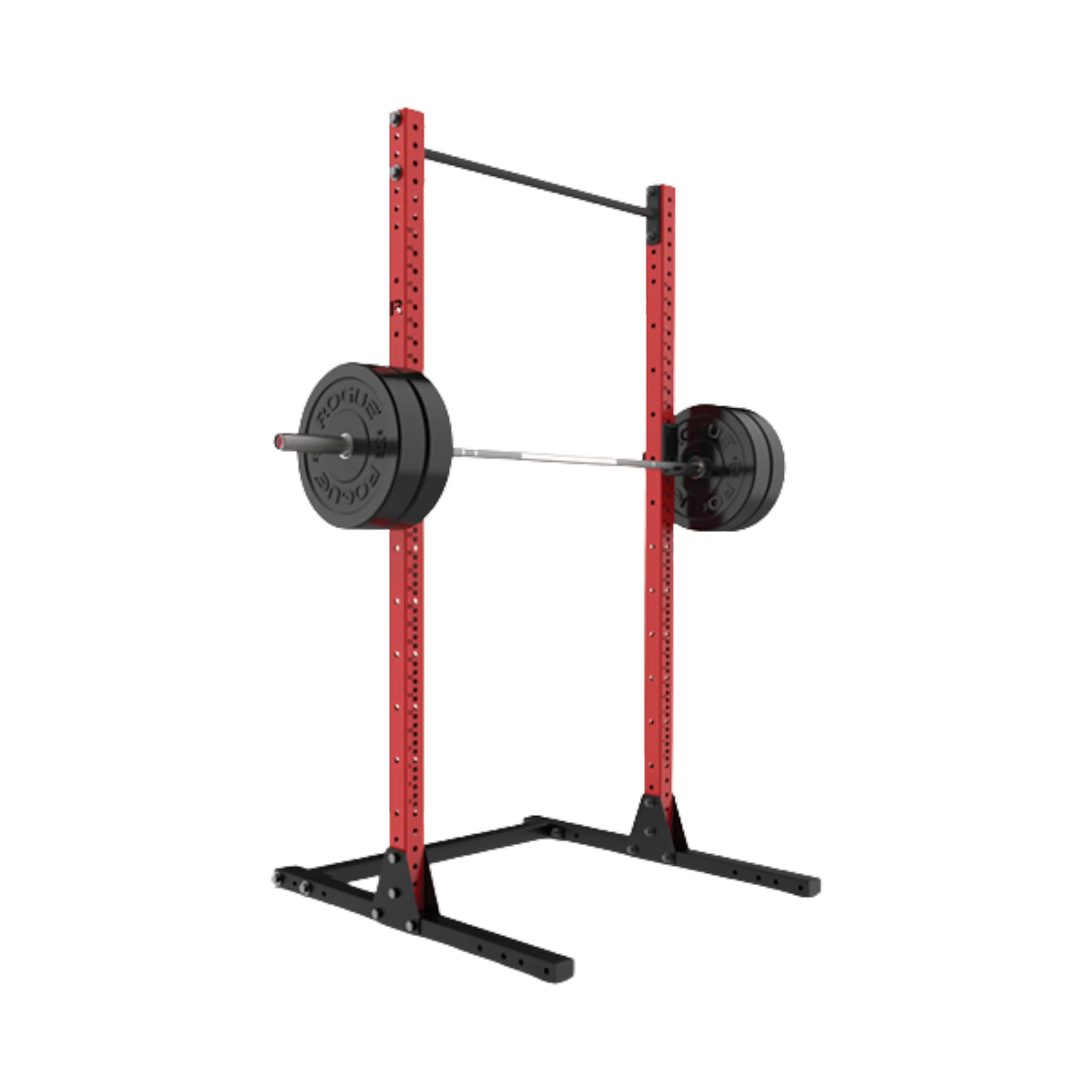 Red and black squat rack with a barbell, weight plates, and pull-up bar.