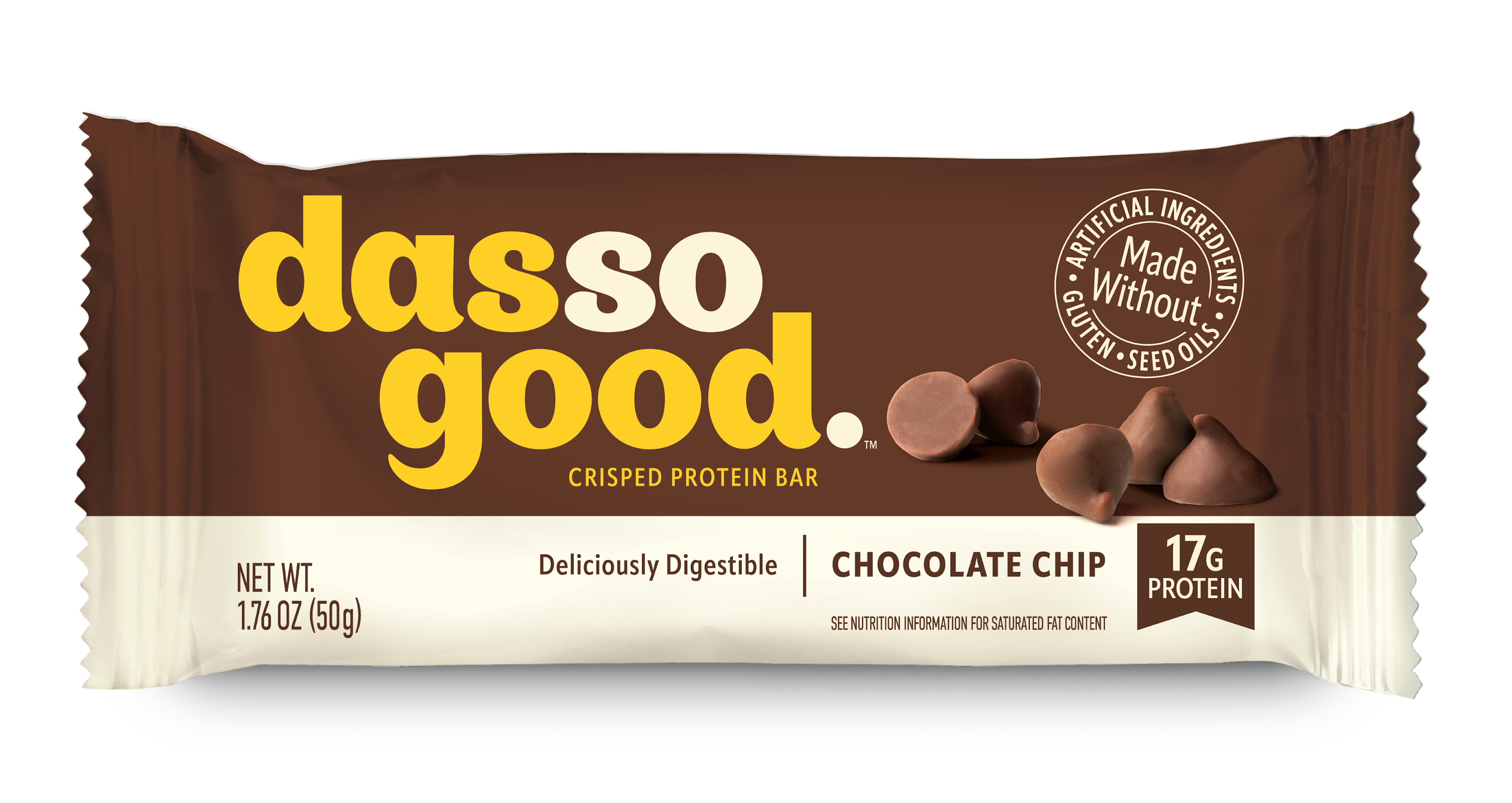 dasso good. Chocolate Chip Crisped Protein Bar wrapper, highlighting 17g protein.
