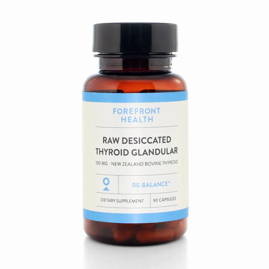 A brown bottle of Forefront Health Raw Desiccated Thyroid Glandular dietary supplement.