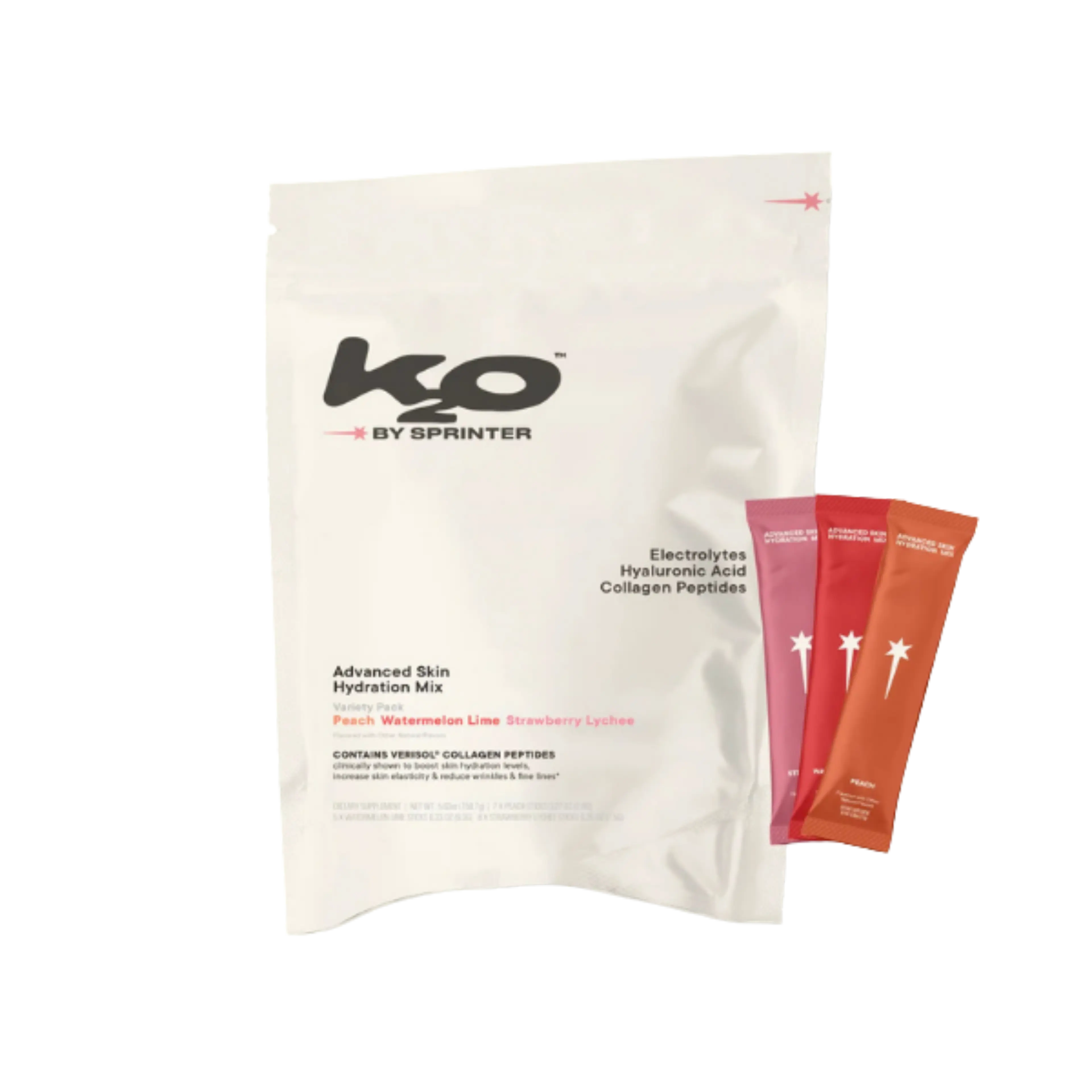 A white K2O by Sprinter Advanced Skin Hydration Mix pouch with three individual packets.