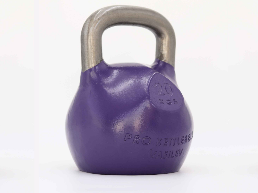 Purple 20 kg kettlebell with a silver handle, embossed with 'PRO KETTLEBELL VASILEV'.