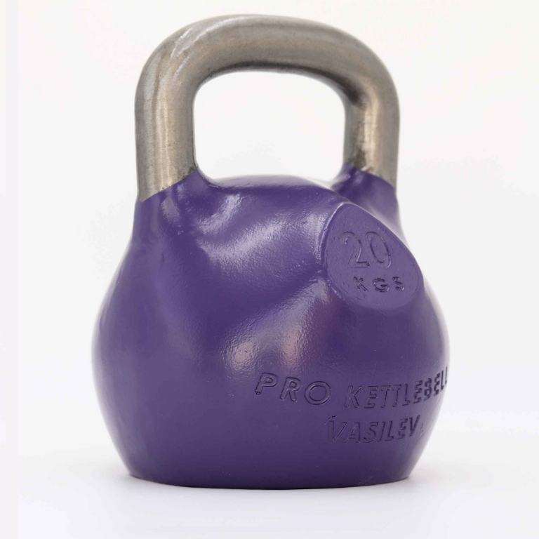 Purple 20 kg kettlebell with a silver handle, embossed with 'PRO KETTLEBELL VASILEV'.