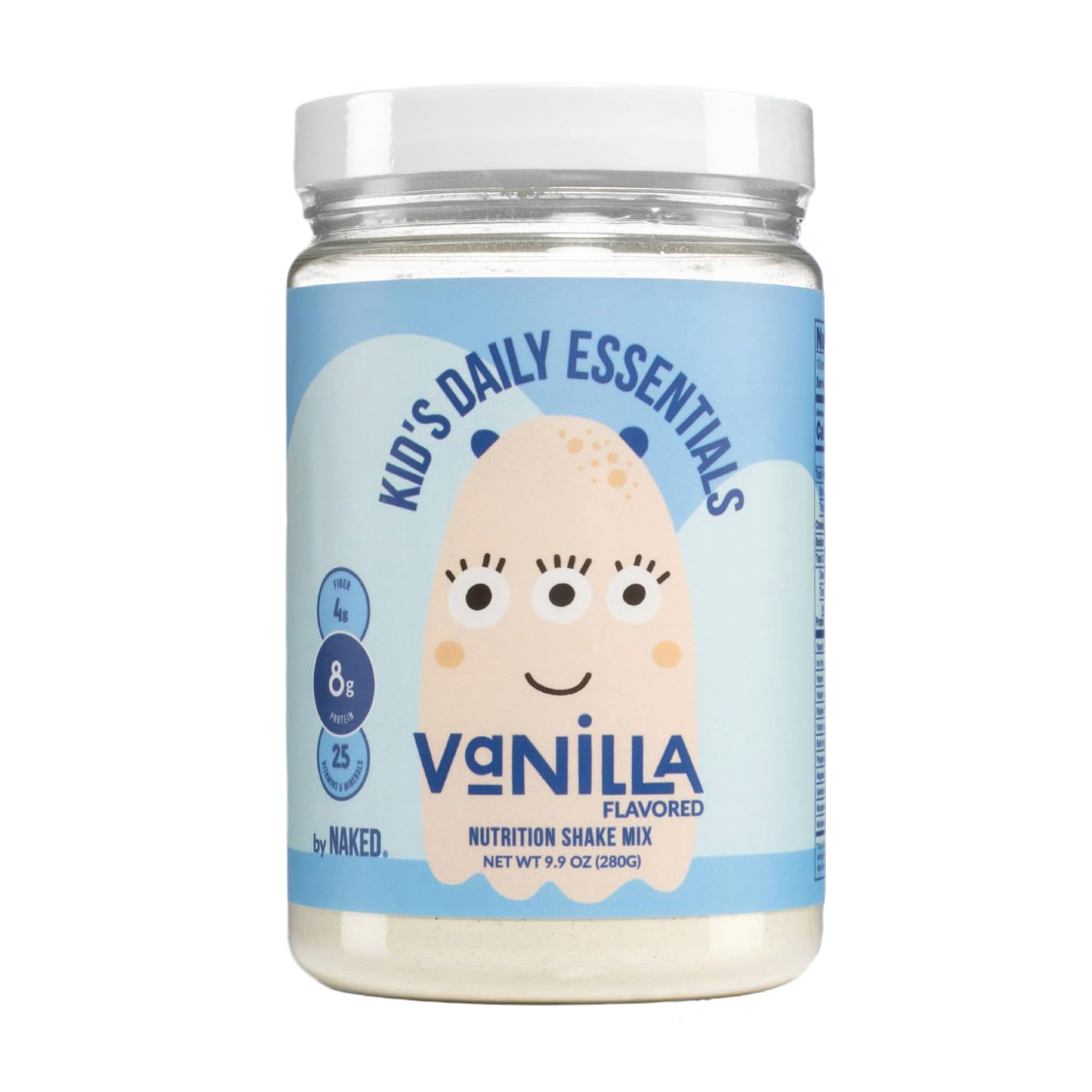Nutrition facts label for Vanilla Kids Essentials shake