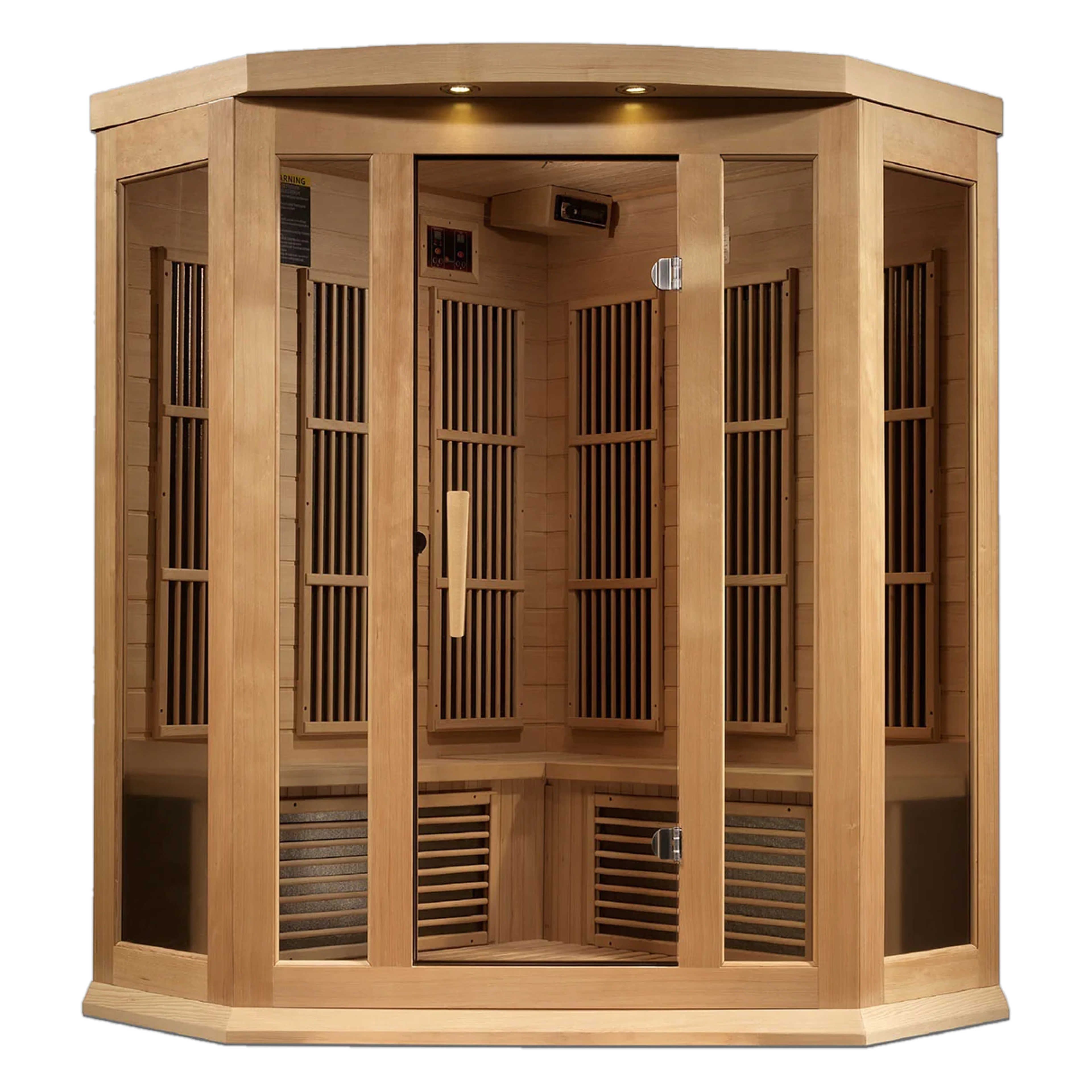 Light wood corner infrared sauna with a glass door.