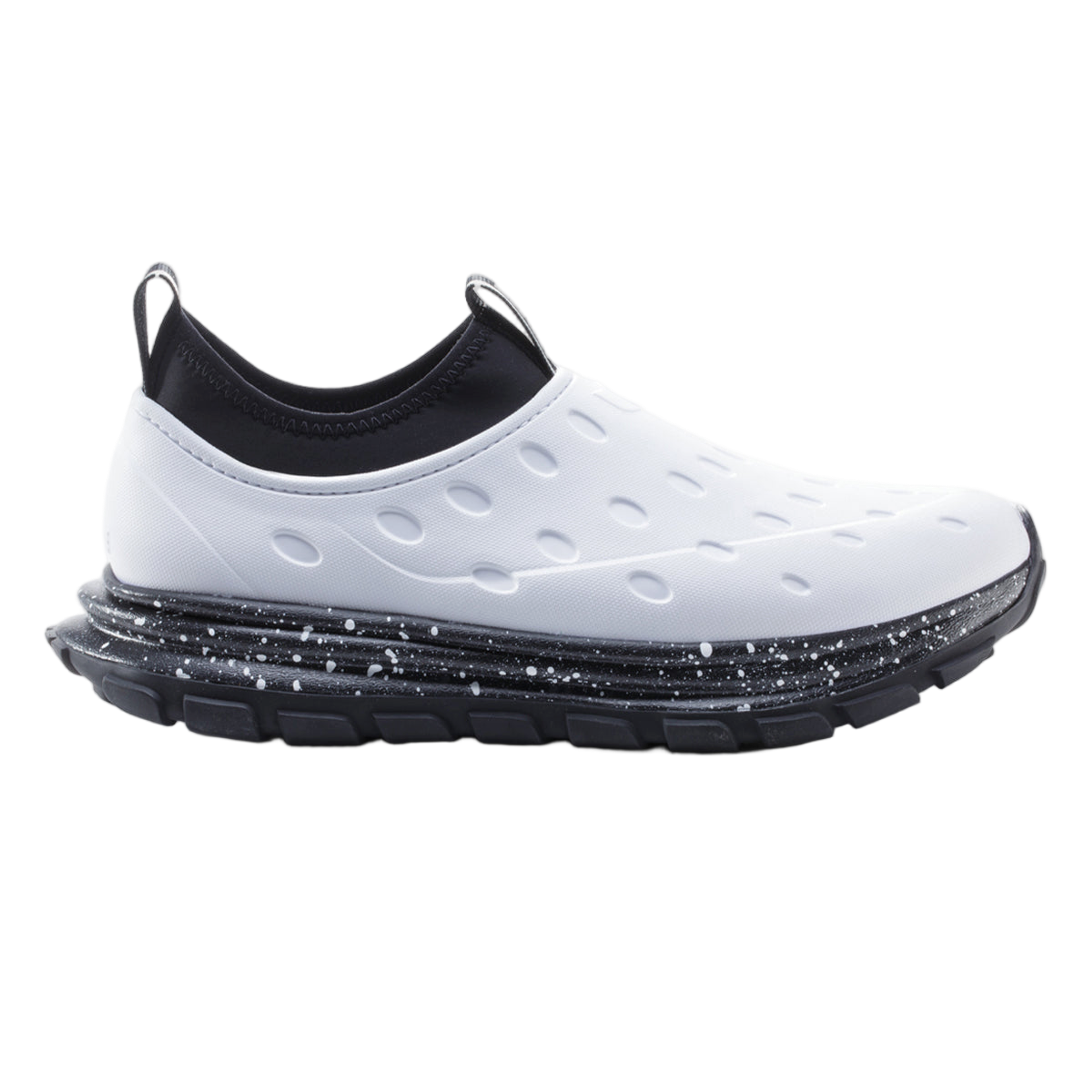 Side profile view of white and black Revive AC shoe