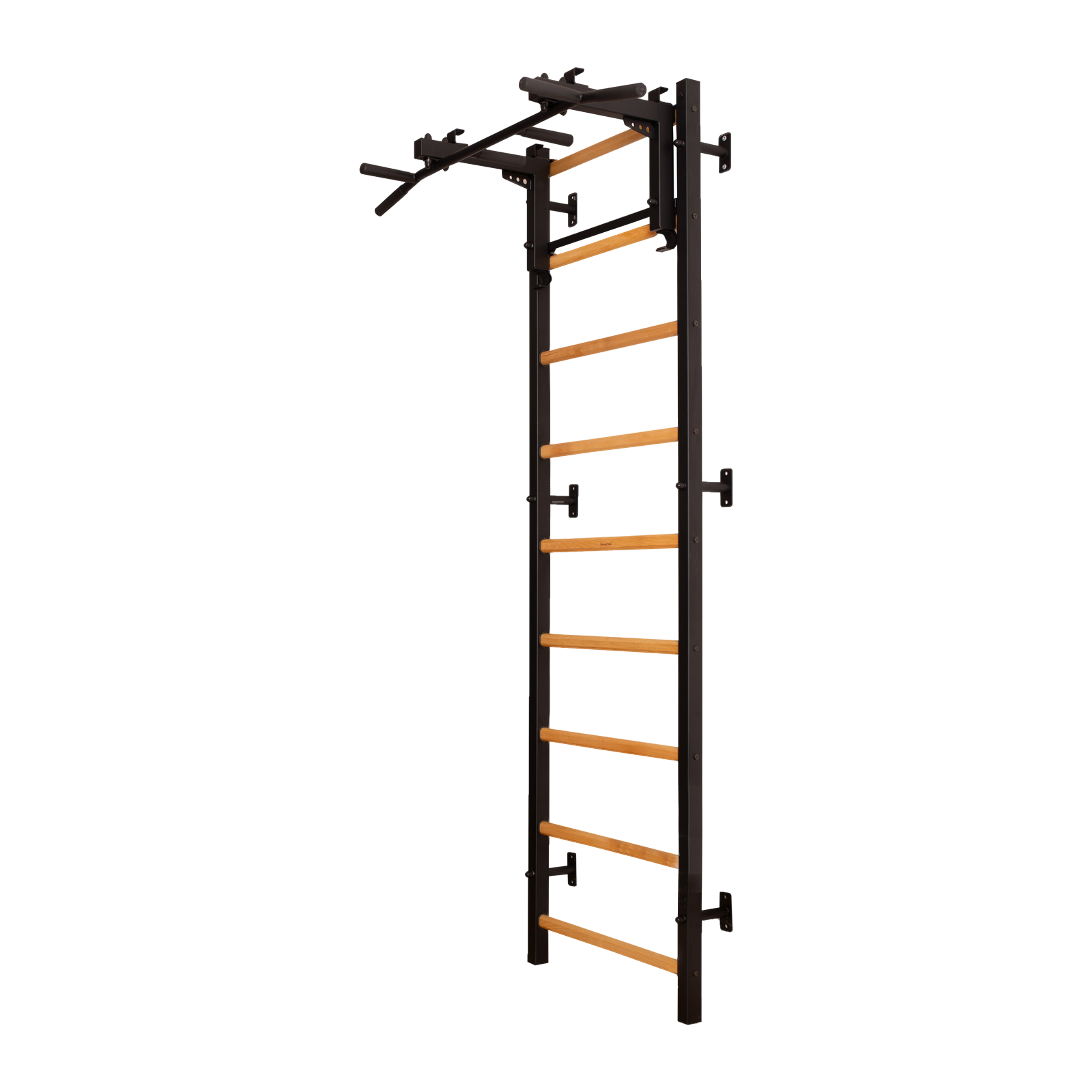 A wall-mounted Swedish ladder with a pull-up bar.