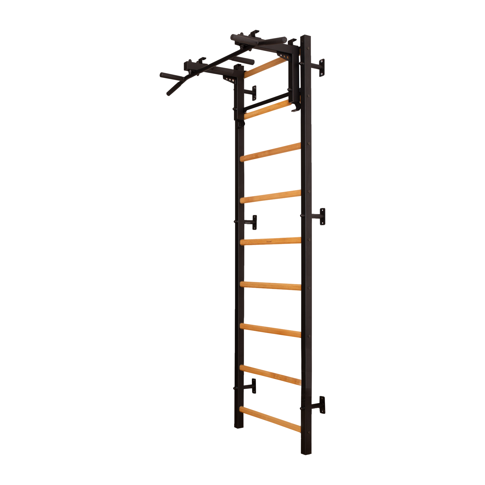 A wall-mounted Swedish ladder with a pull-up bar.