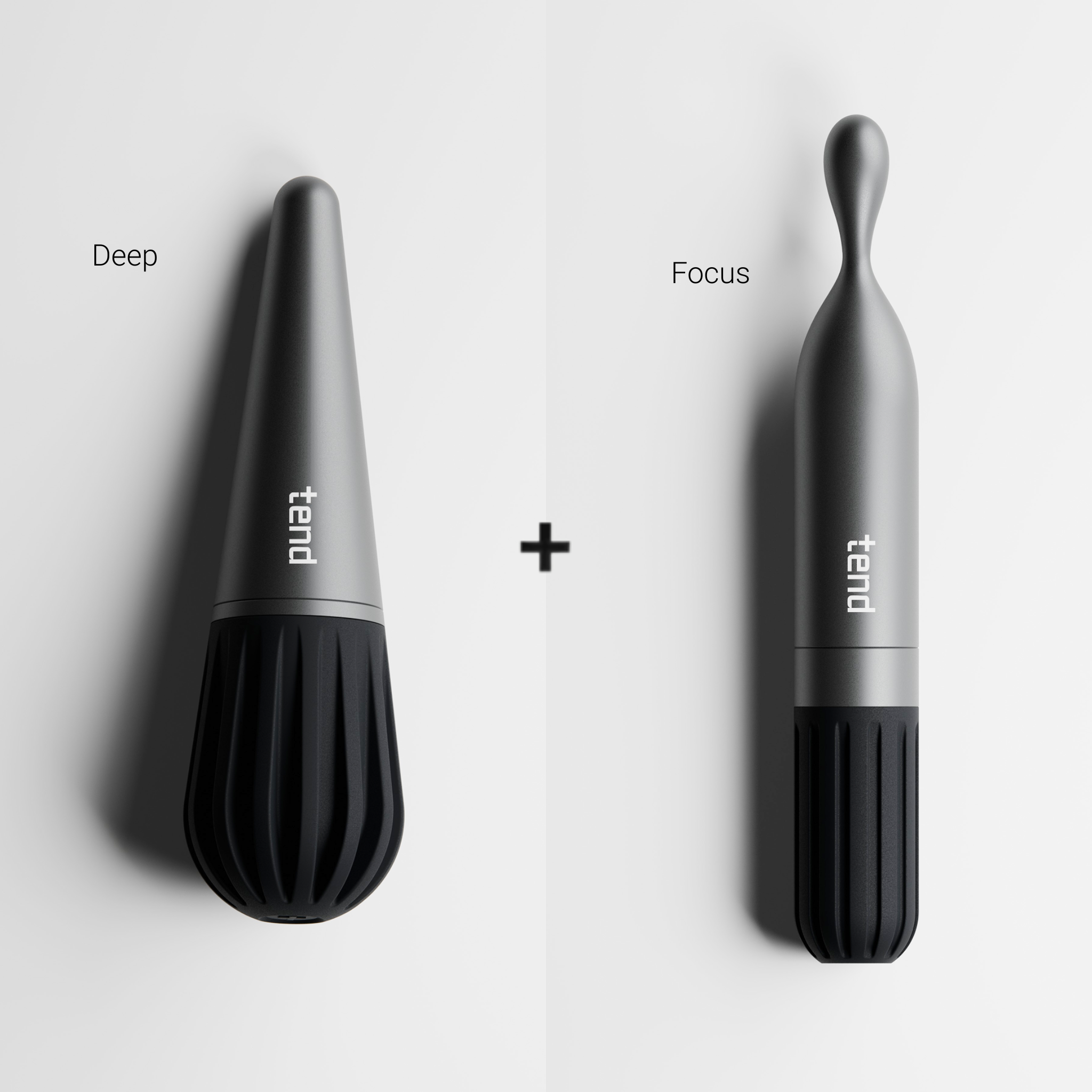 Two grey Tend devices: a 'Deep' tapered wand and a 'Focus' droplet-tipped wand, both with ribbed black bases.