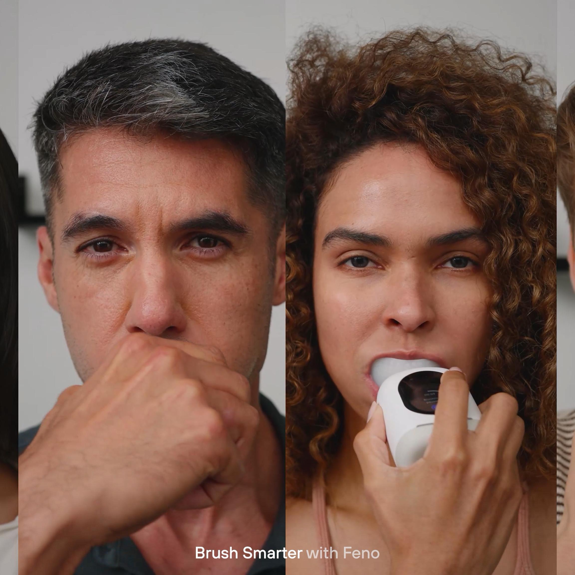 Four diverse people, three using a white Feno automatic toothbrush in their mouths. Text: Brush Smarter with Feno.