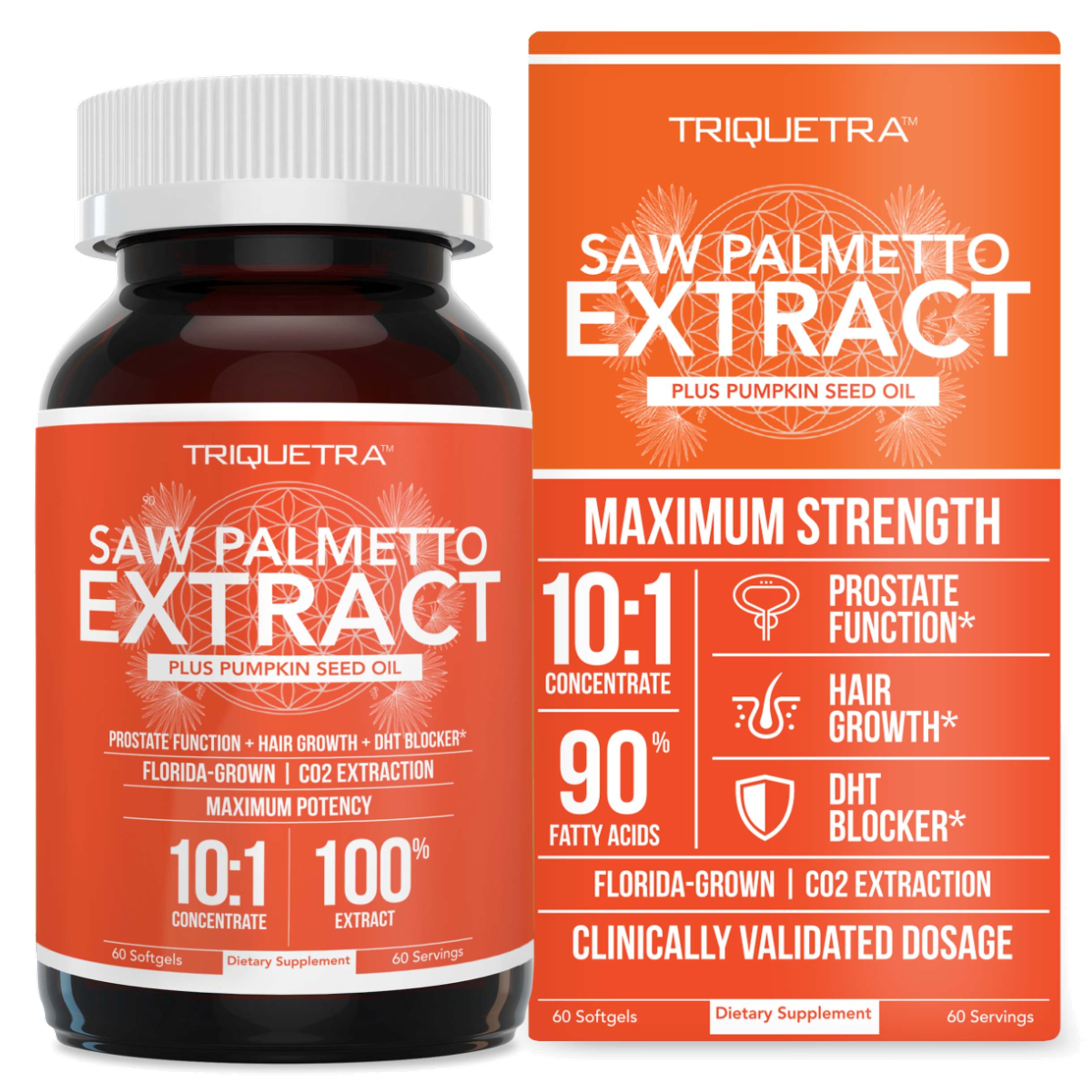 Triquetra Saw Palmetto Extract supplement bottle and box, advertising prostate function, hair growth, and DHT blocking.