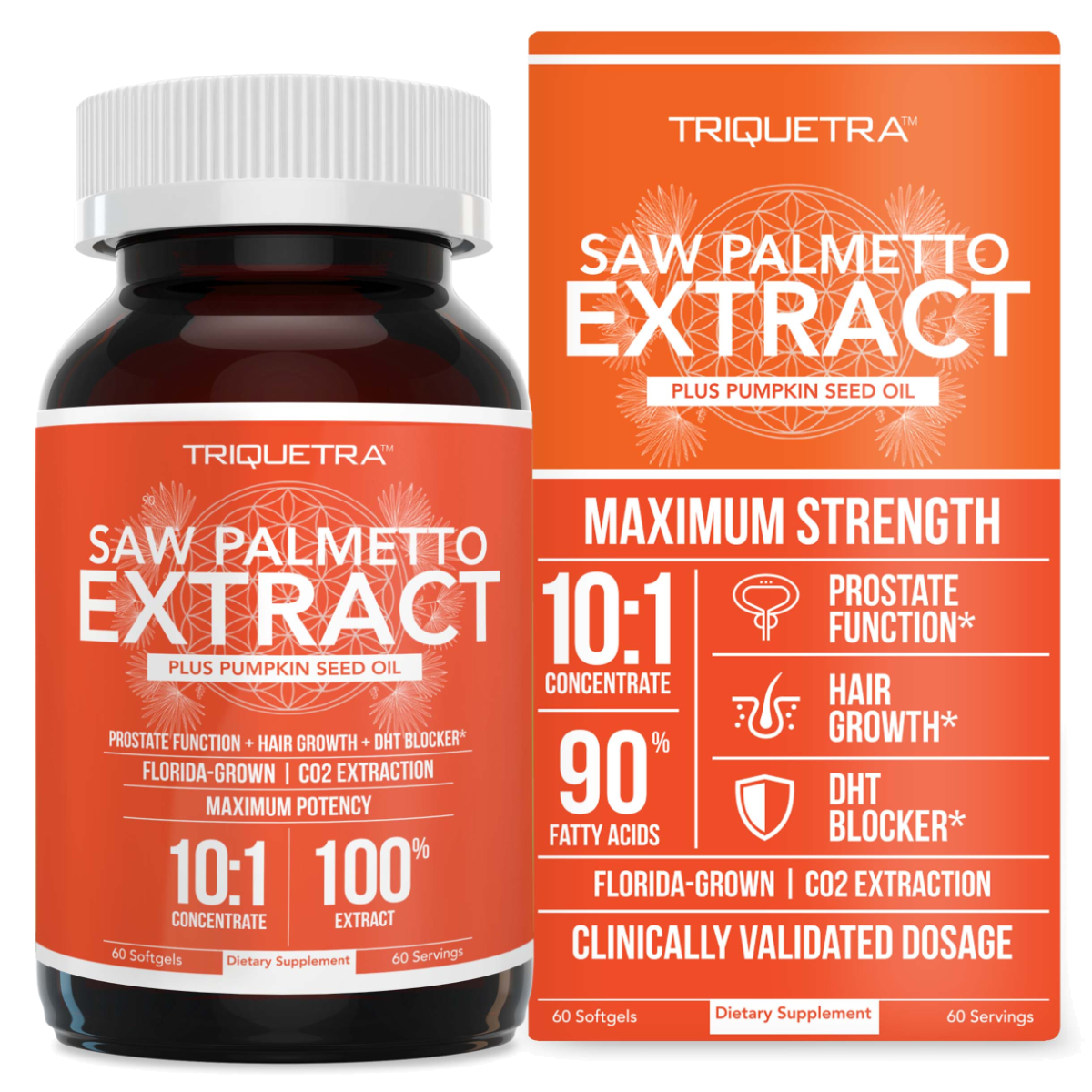 Triquetra Saw Palmetto Extract supplement bottle and box, advertising prostate function, hair growth, and DHT blocking.