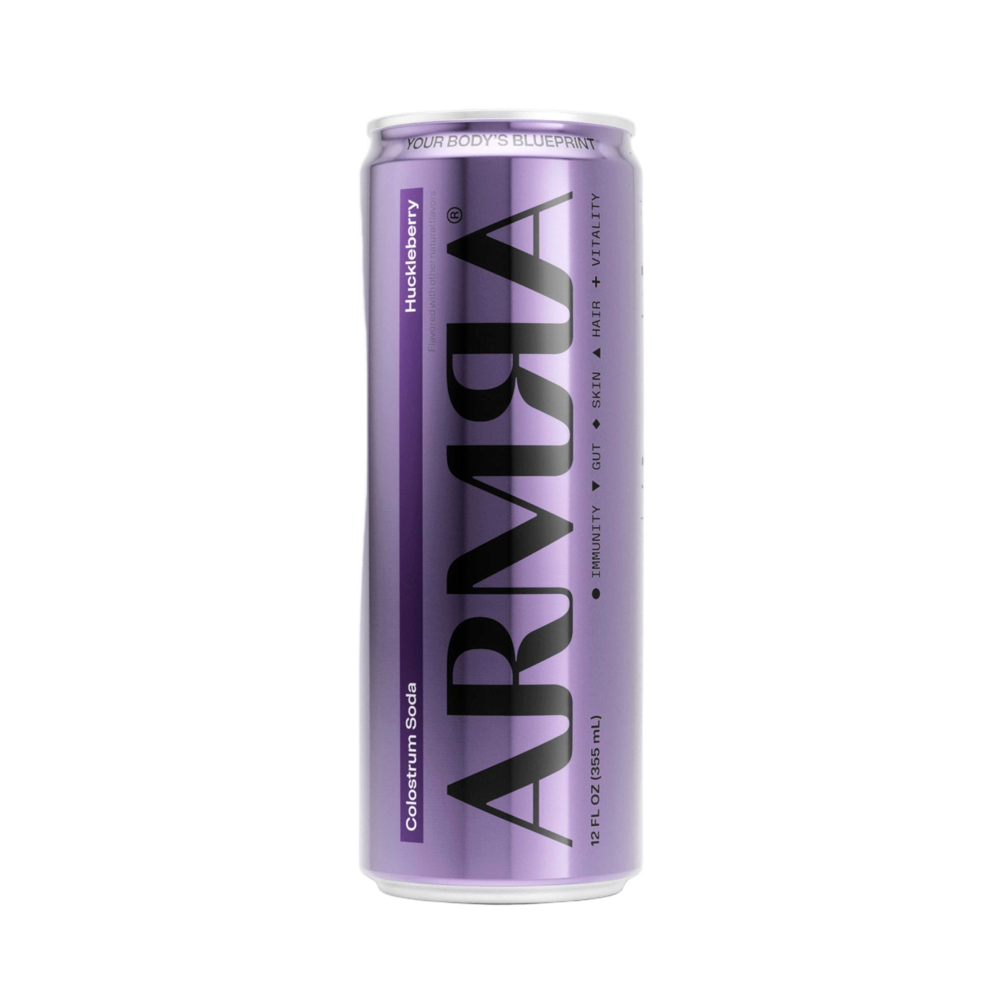 12-pack box of ARMRA Colostrum Soda Huckleberry