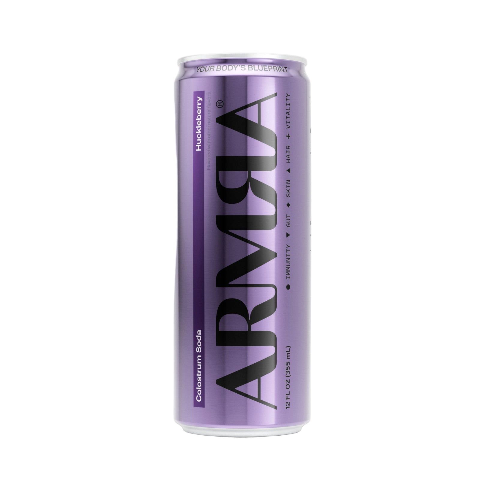 12-pack box of ARMRA Colostrum Soda Huckleberry
