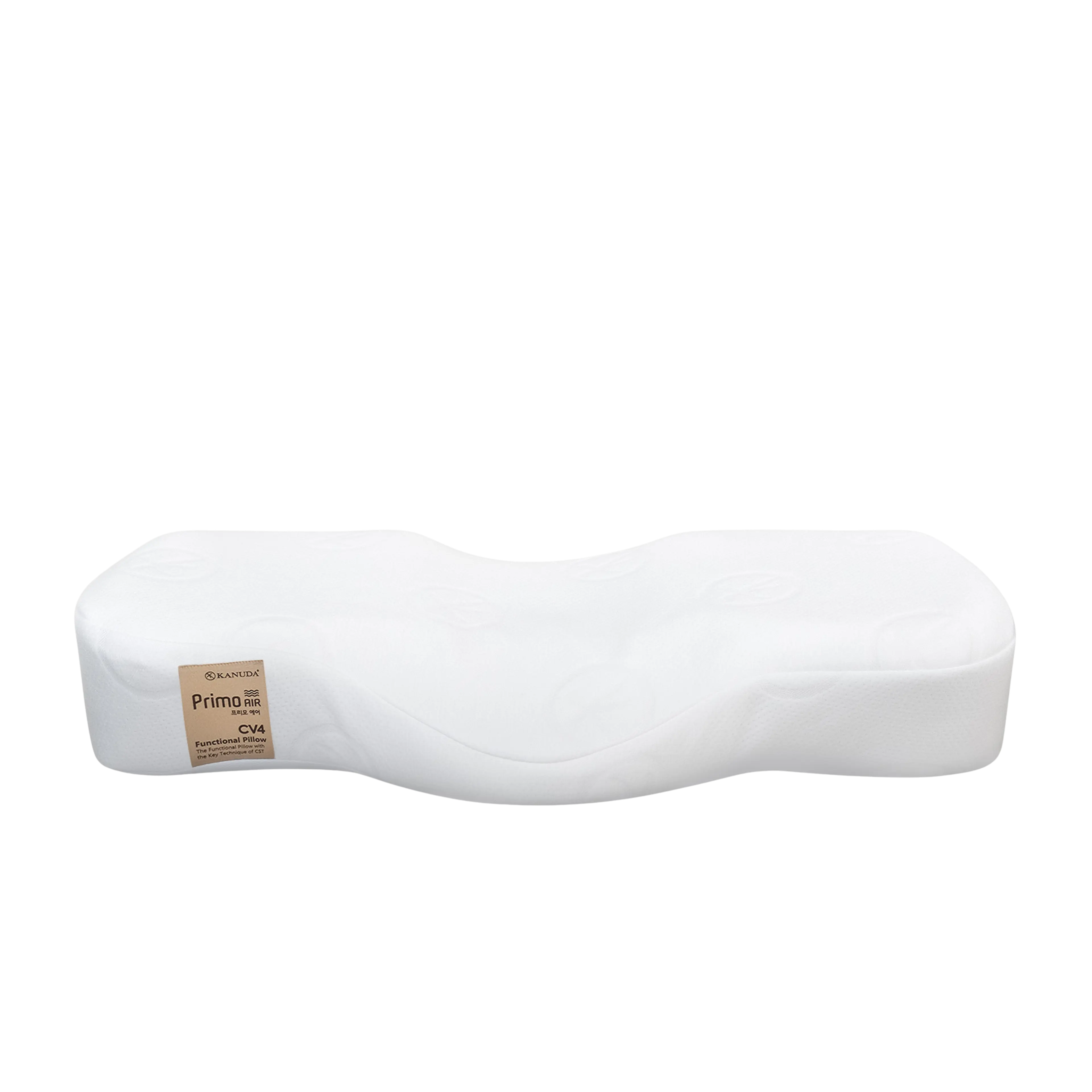 White contoured ergonomic pillow with 'Primo CV4' label.