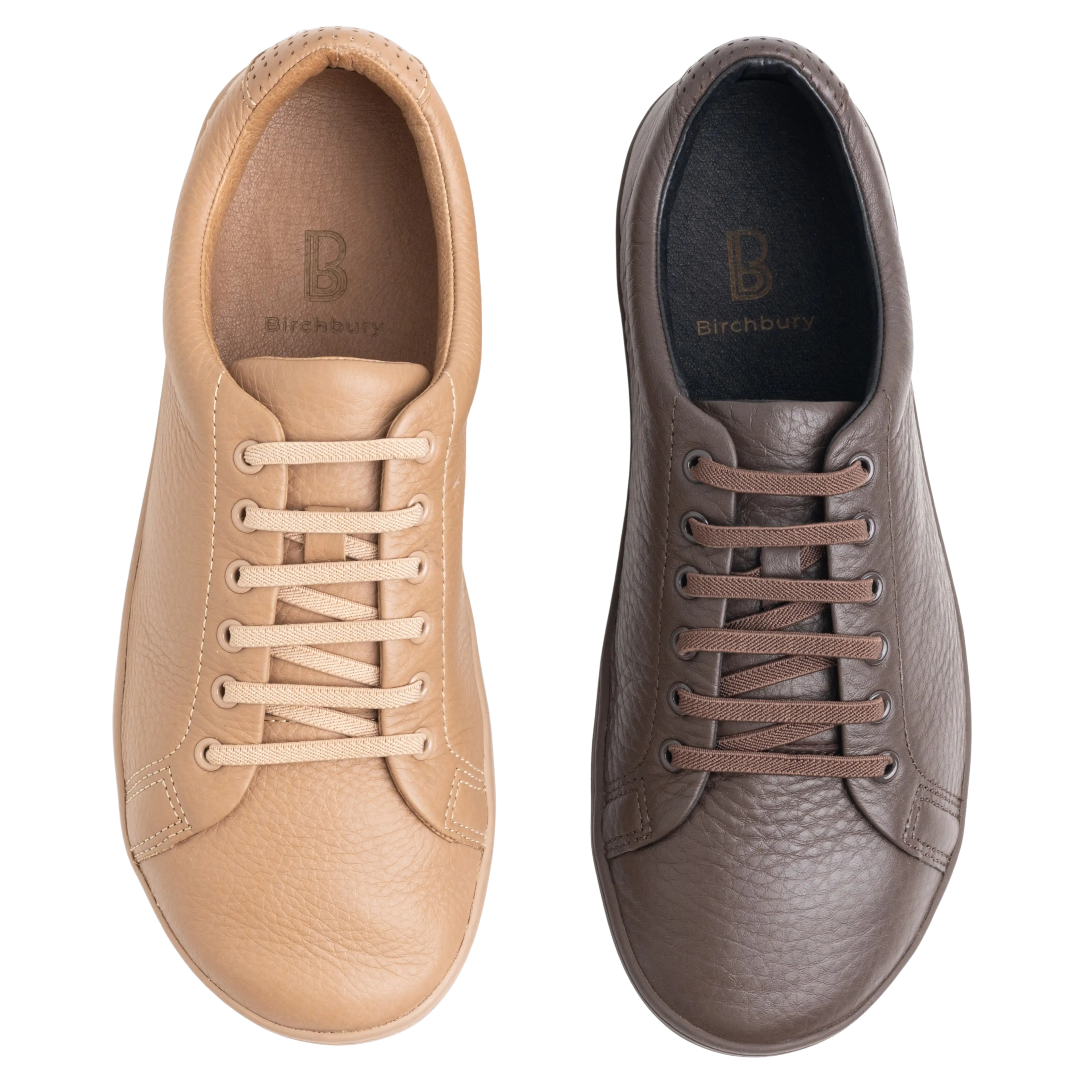 Two Birchbury leather sneakers, one tan and one brown, viewed from above.
