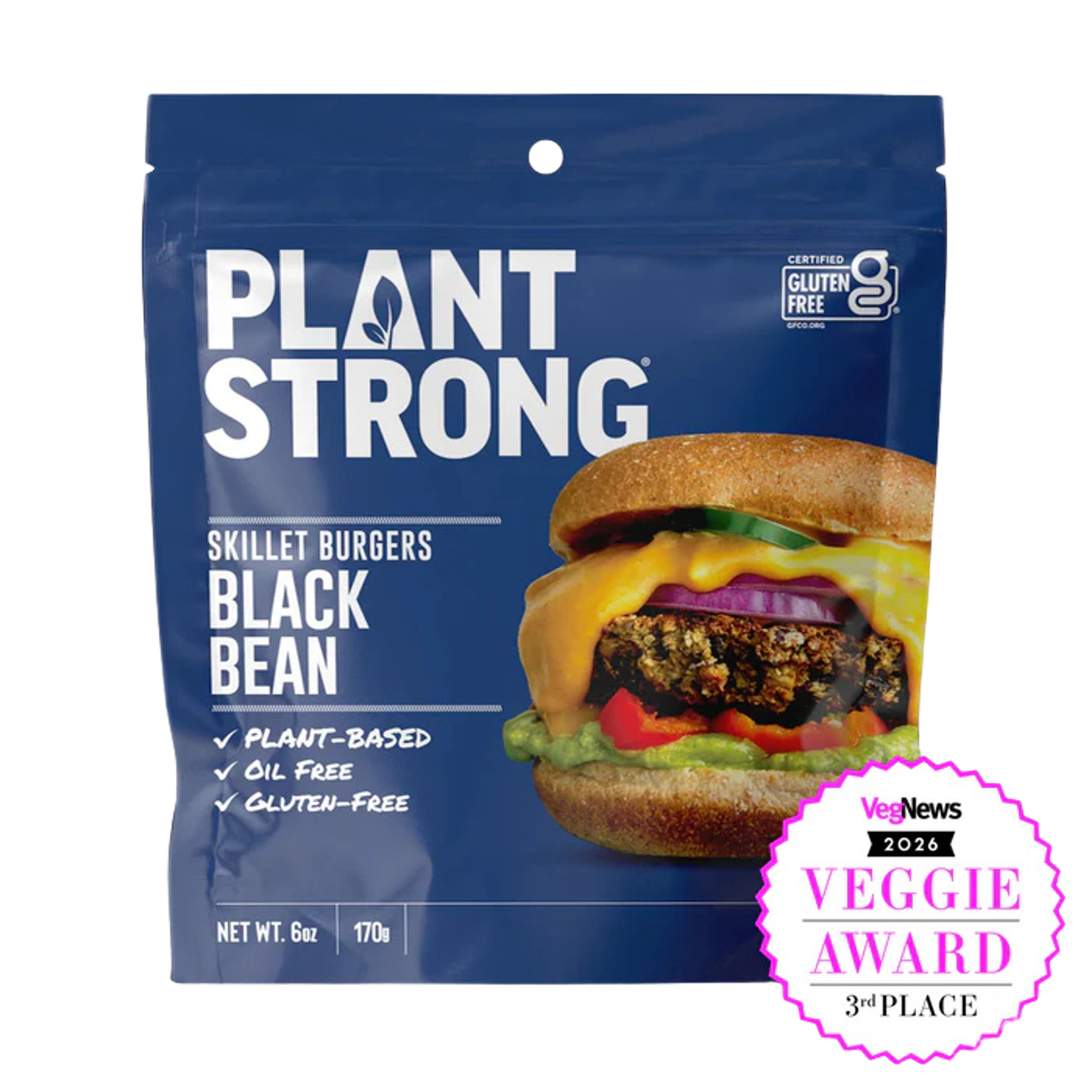 A blue pouch of Plant Strong Black Bean Skillet Burgers featuring a black bean burger image, certified gluten-free label, and VegNews Veggie Award 3rd Place sticker.