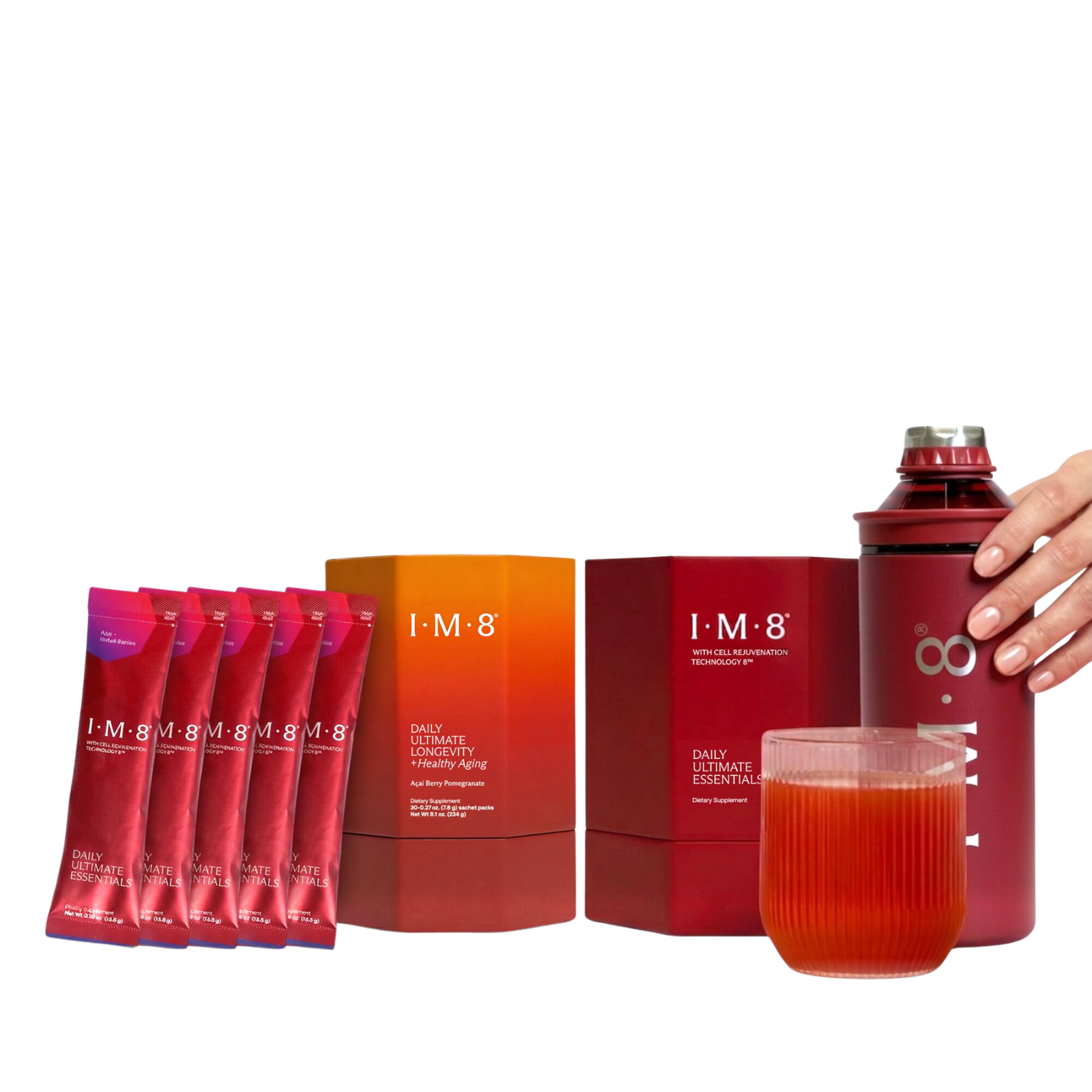 I.M-8 dietary supplements, including sachets, two hexagonal boxes, a shaker bottle, and a glass of red liquid, with a hand holding the bottle.