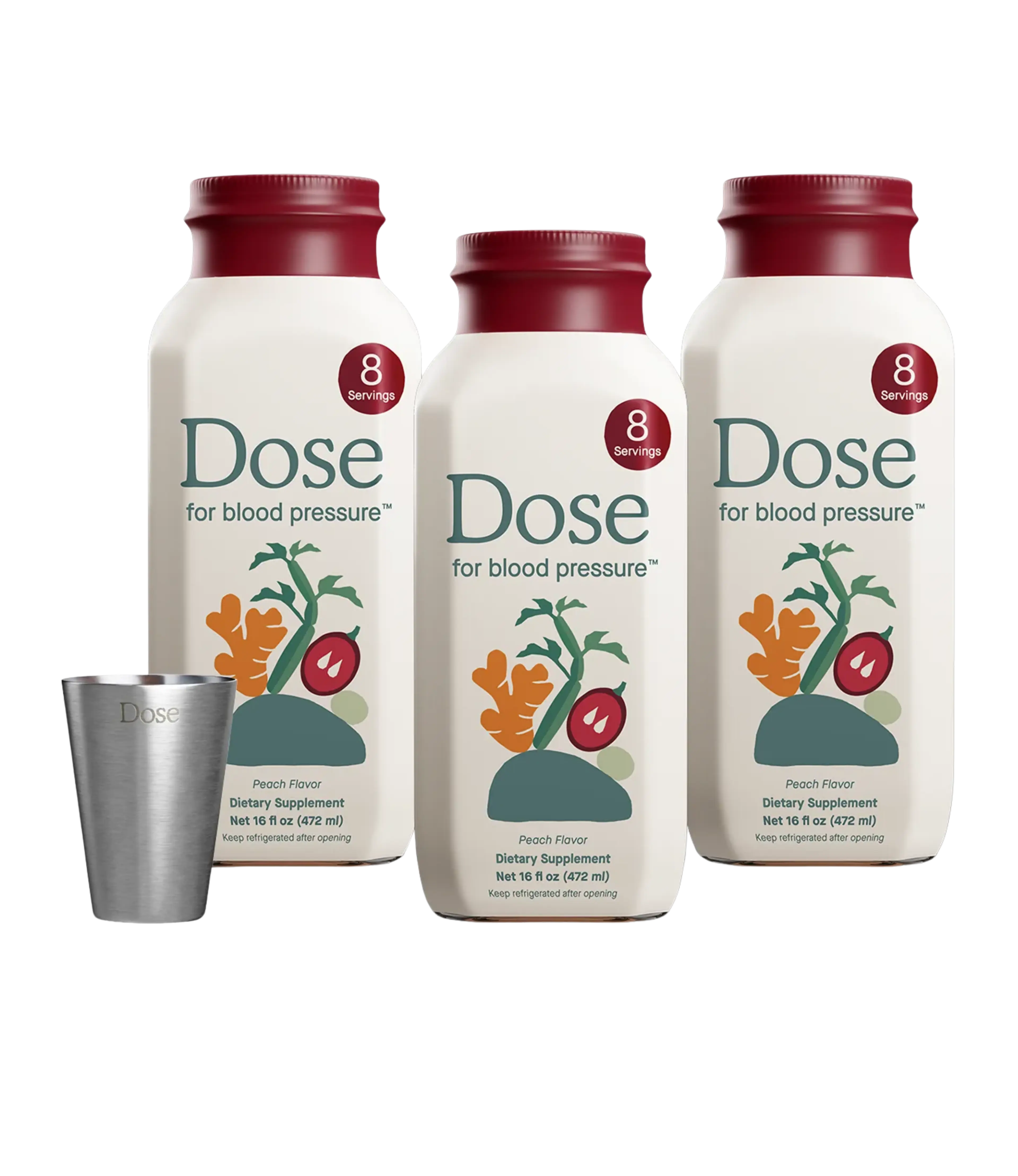 Three bottles of Dose Peach Flavor Dietary Supplement for blood pressure with a metal measuring cup.