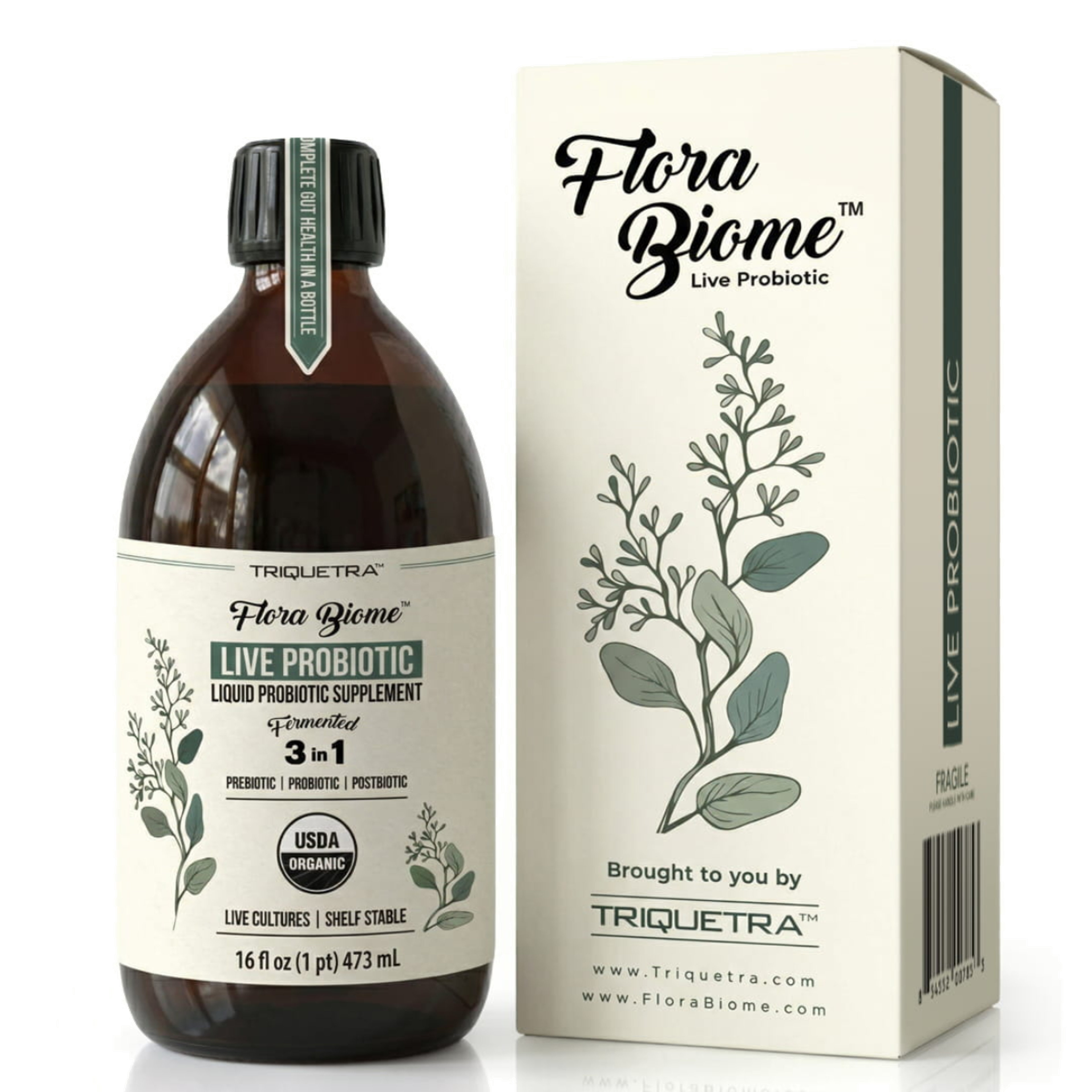Flora Biome Live Probiotic liquid supplement bottle and matching retail box, both with green botanical illustrations.