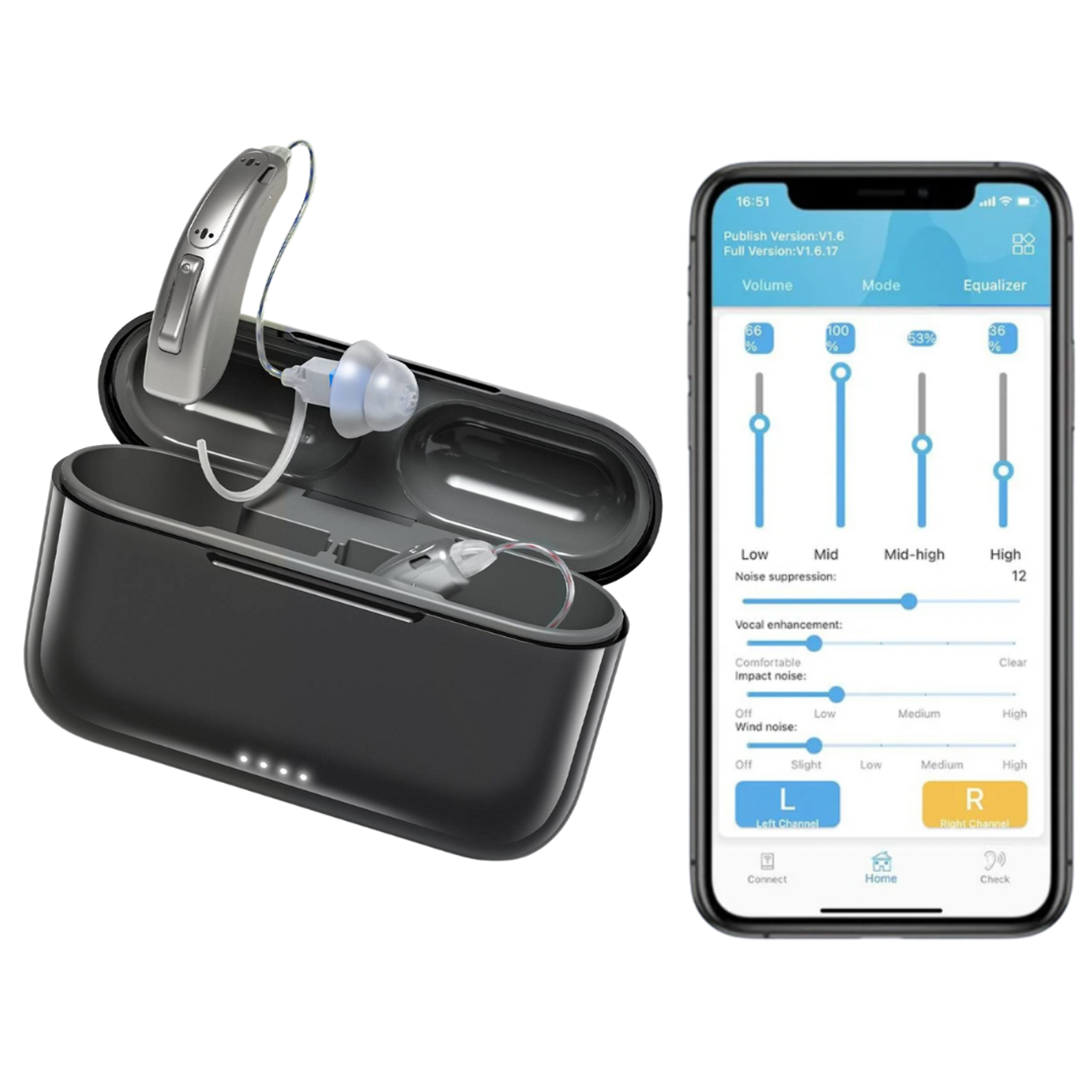 A silver hearing aid in an open black charging case next to a smartphone displaying an app with volume, equalizer, and noise suppression controls.