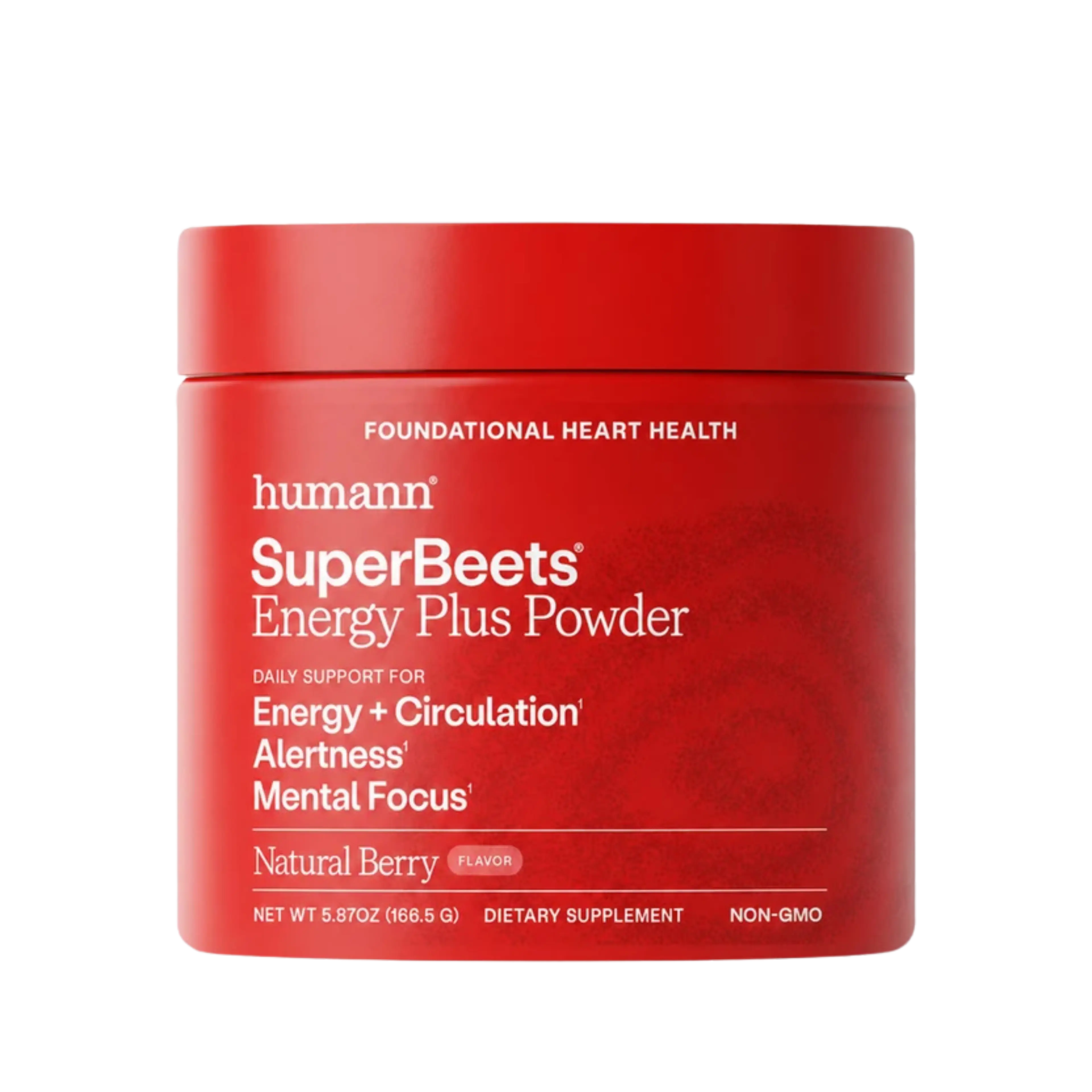 Red tub of humann SuperBeets Energy Plus Powder in Natural Berry flavor.