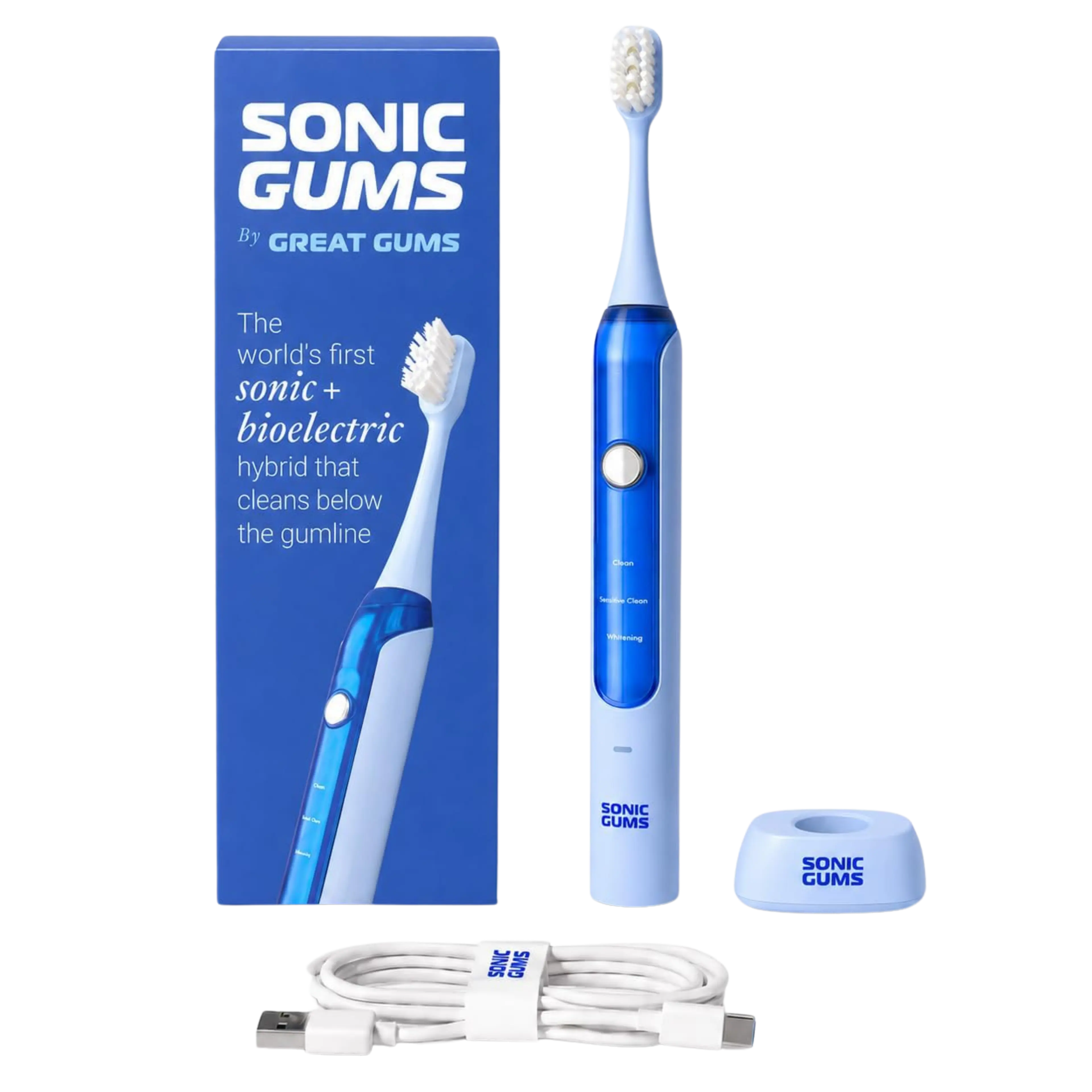 Sonic Gums electric toothbrush set with packaging, charging base, and USB cable.