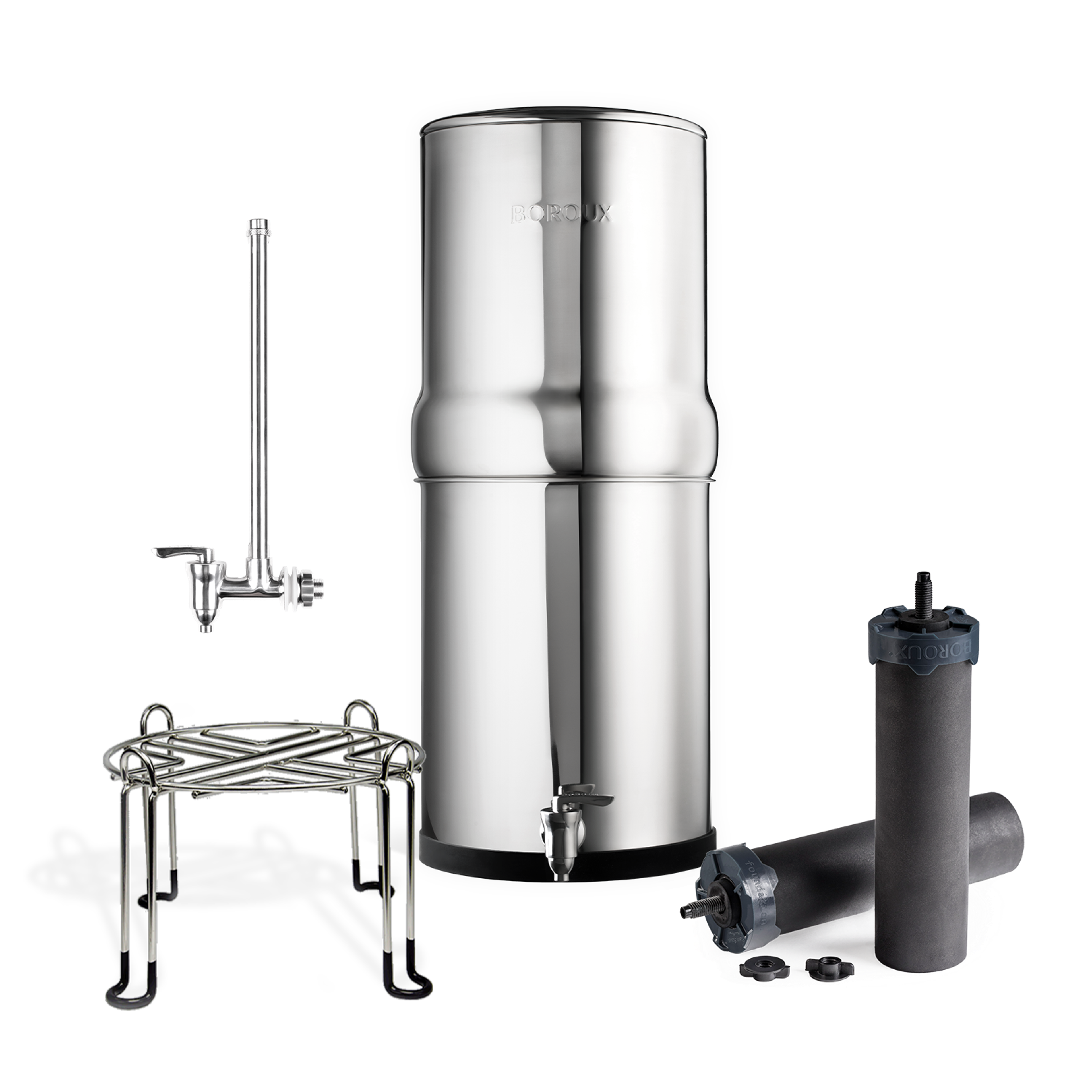 Stainless steel BOROUX Legacy water filter bundle with stand