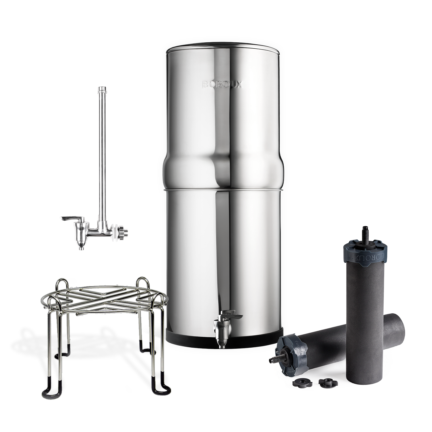 Stainless steel BOROUX Legacy water filter bundle with stand