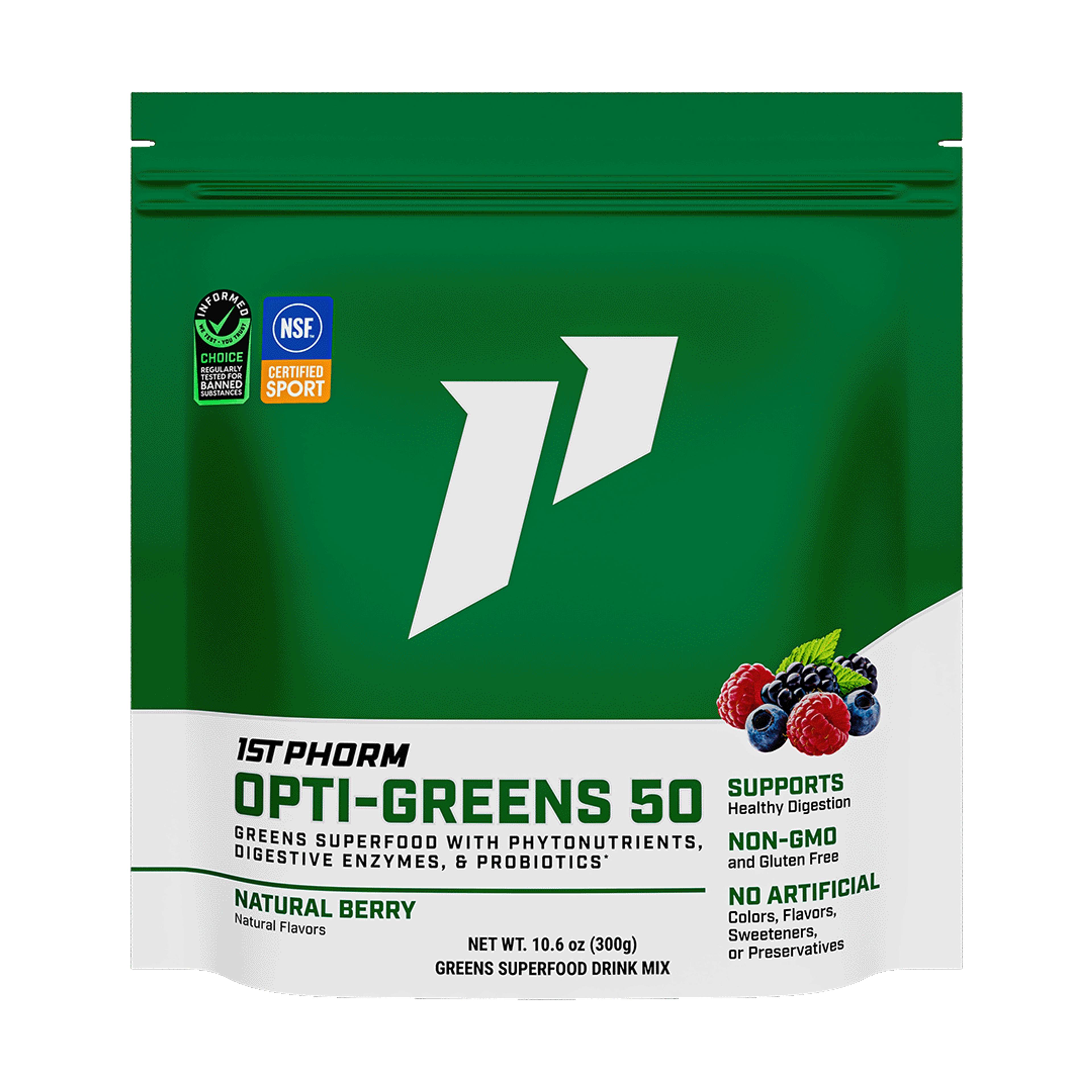 Container of Opti-Greens 50 natural berry flavored superfood greens powder
