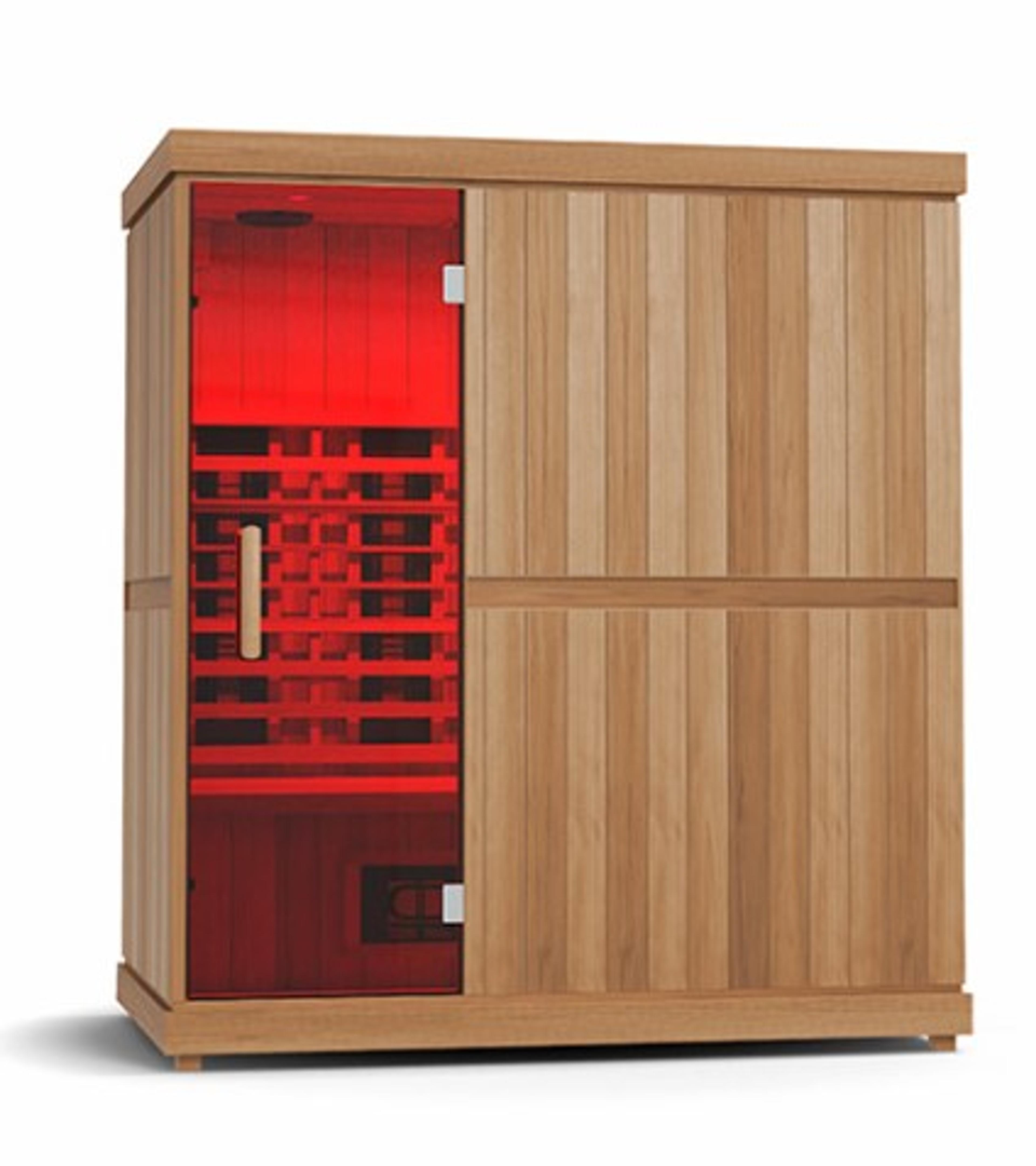 Wooden infrared sauna with a red glow visible through its glass door.