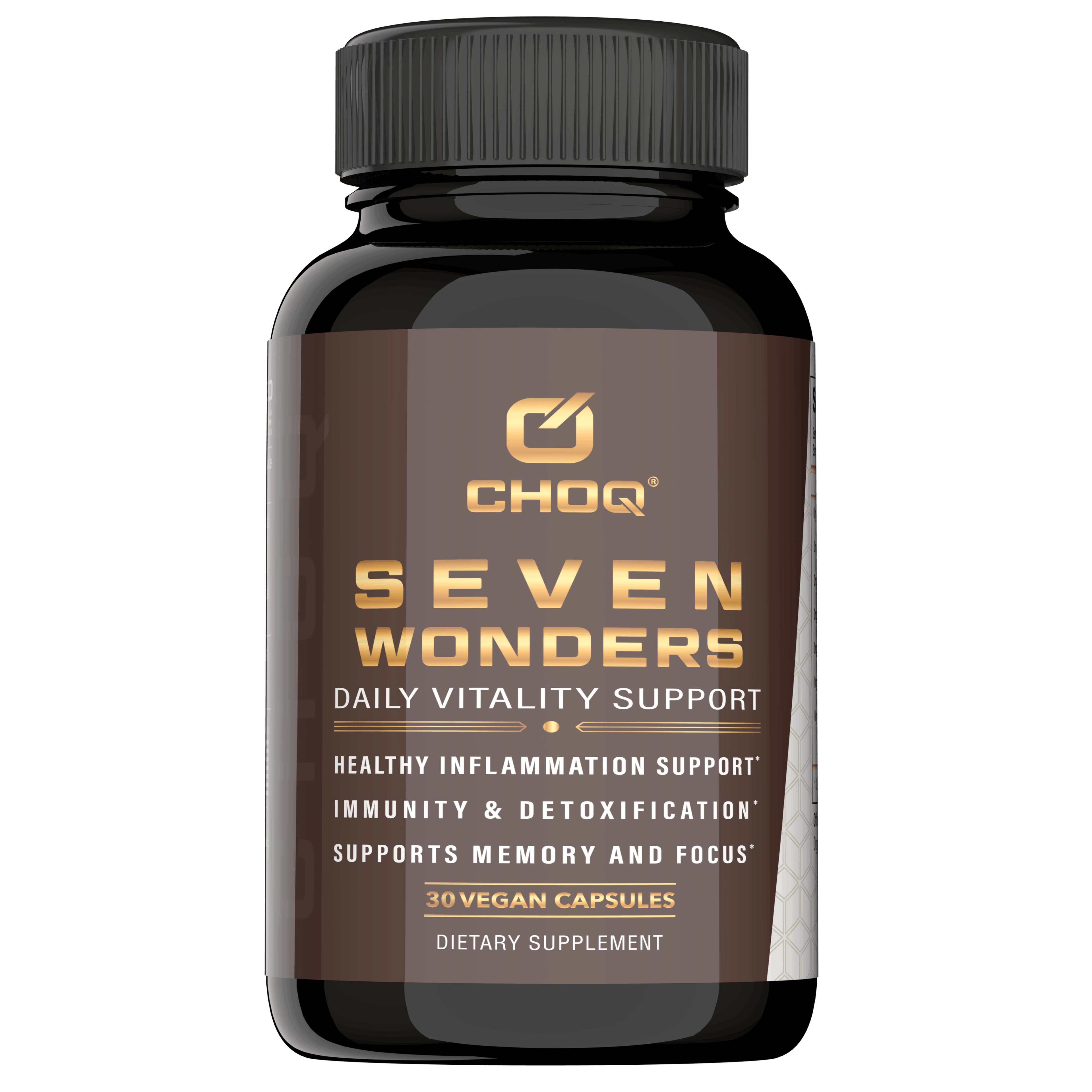 A dark brown bottle of CHOQ Seven Wonders Daily Vitality Support capsules.