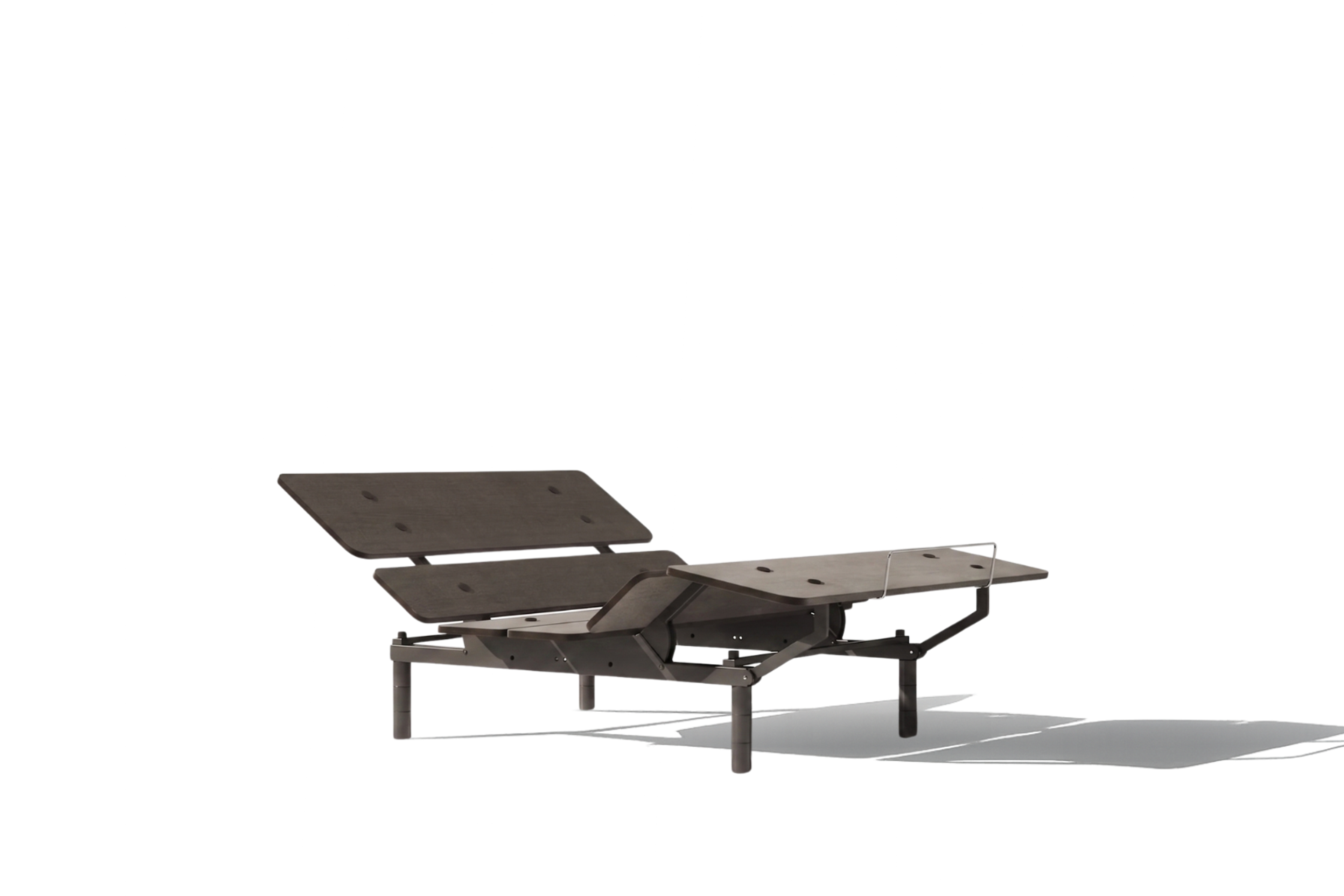 Dark adjustable bed frame without mattress, with head and foot sections elevated.