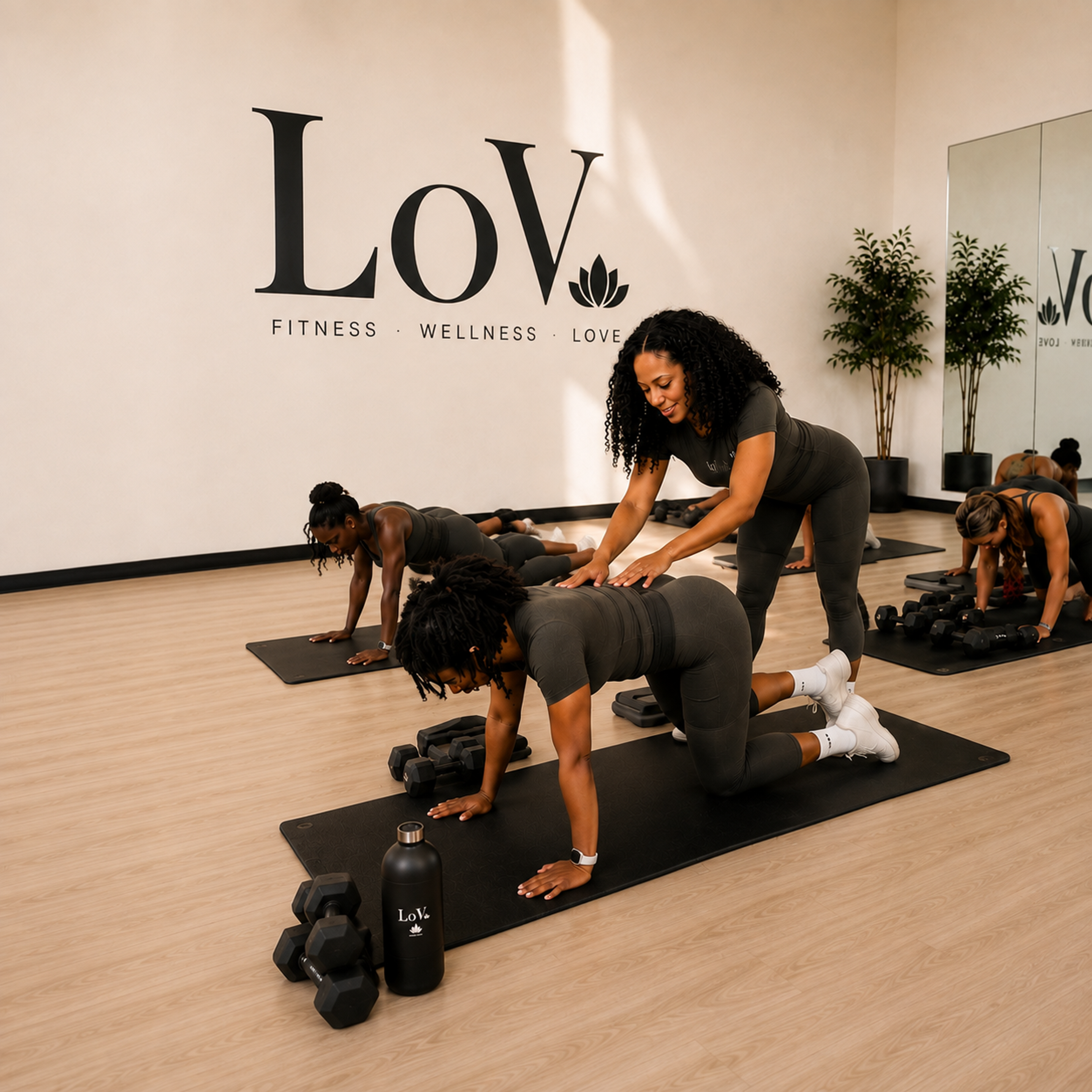 A fitness instructor adjusts a woman's form on a mat, while other women exercise in a modern studio with "LoV FITNESS" branding.